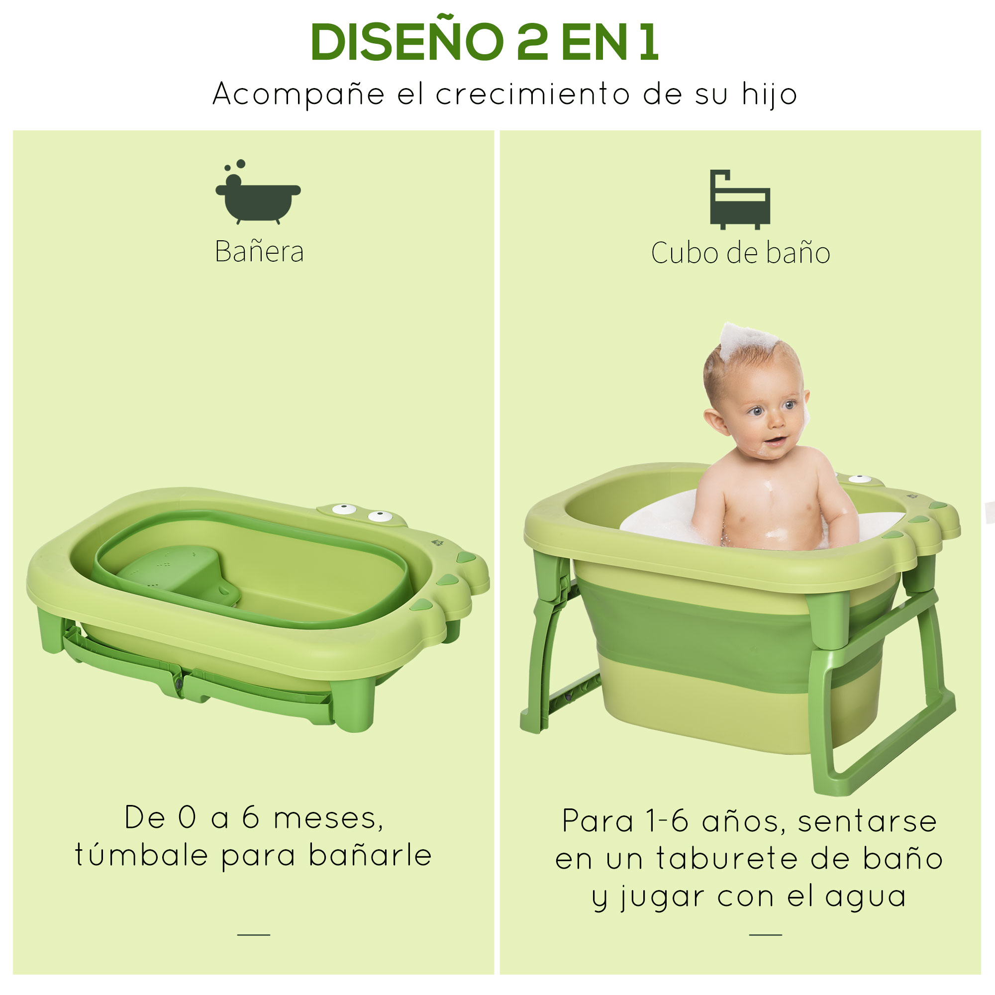 La imagen muestra dos bañeras verdes. Una plegada, la otra con un bebé con espuma en la cabeza.