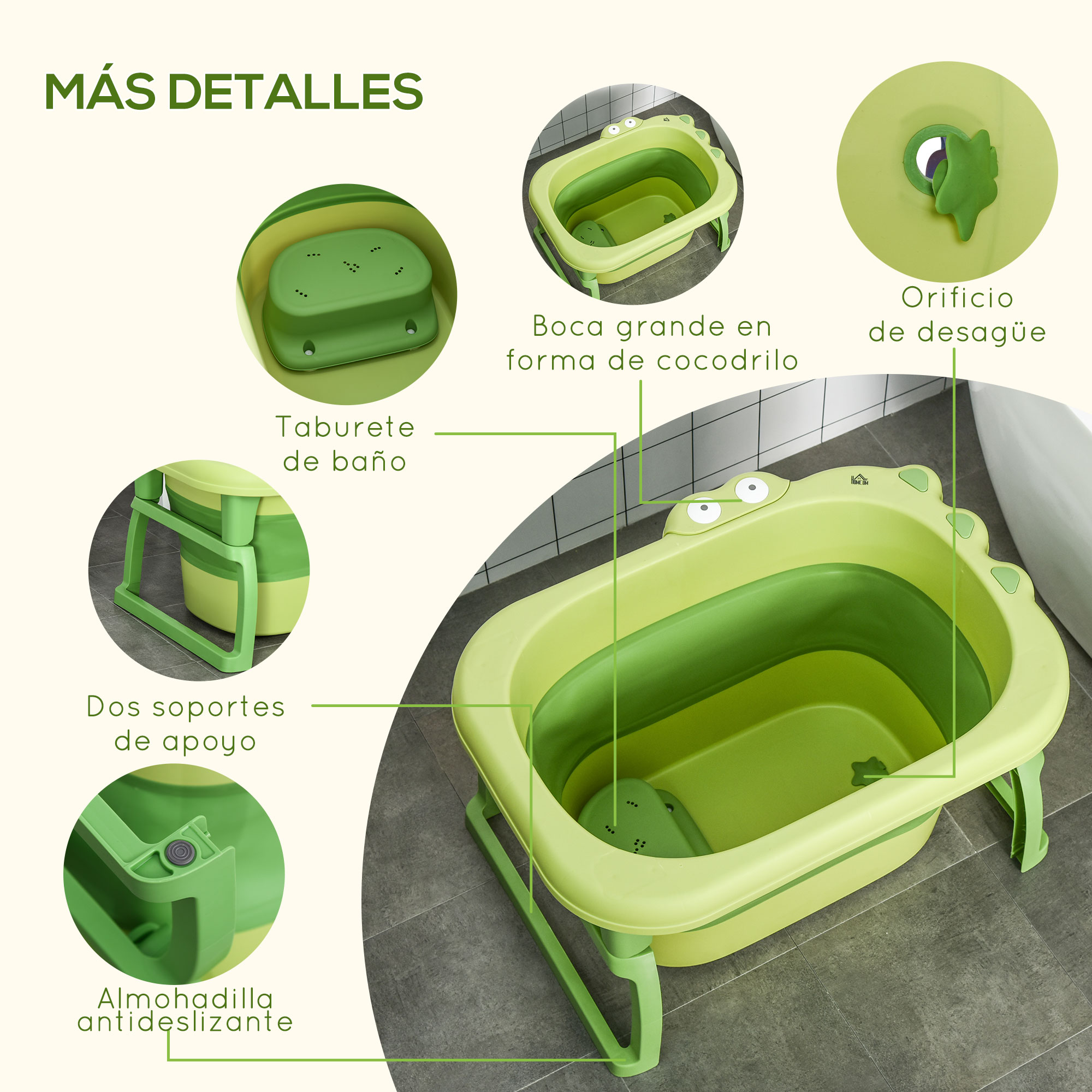 Bañera verde para bebés con diseño de cocodrilo, incluye un taburete, almohadilla antideslizante y orificio de desagüe.