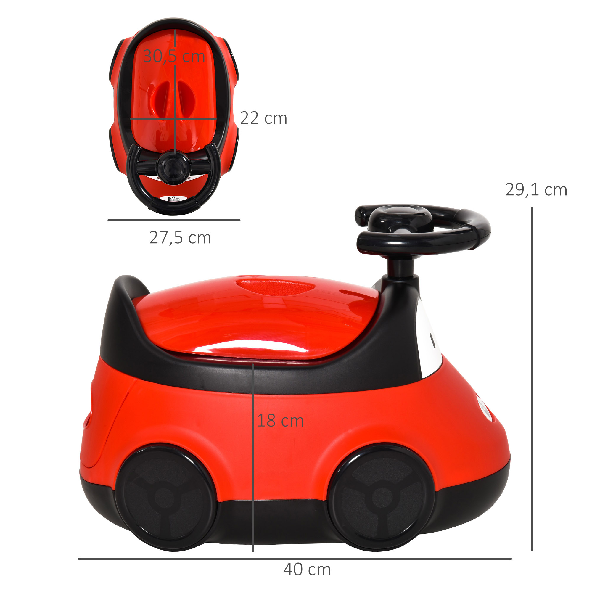 Un coche de juguete rojo y negro con volante y dimensiones mostradas. También se muestran vistas frontal y superior.