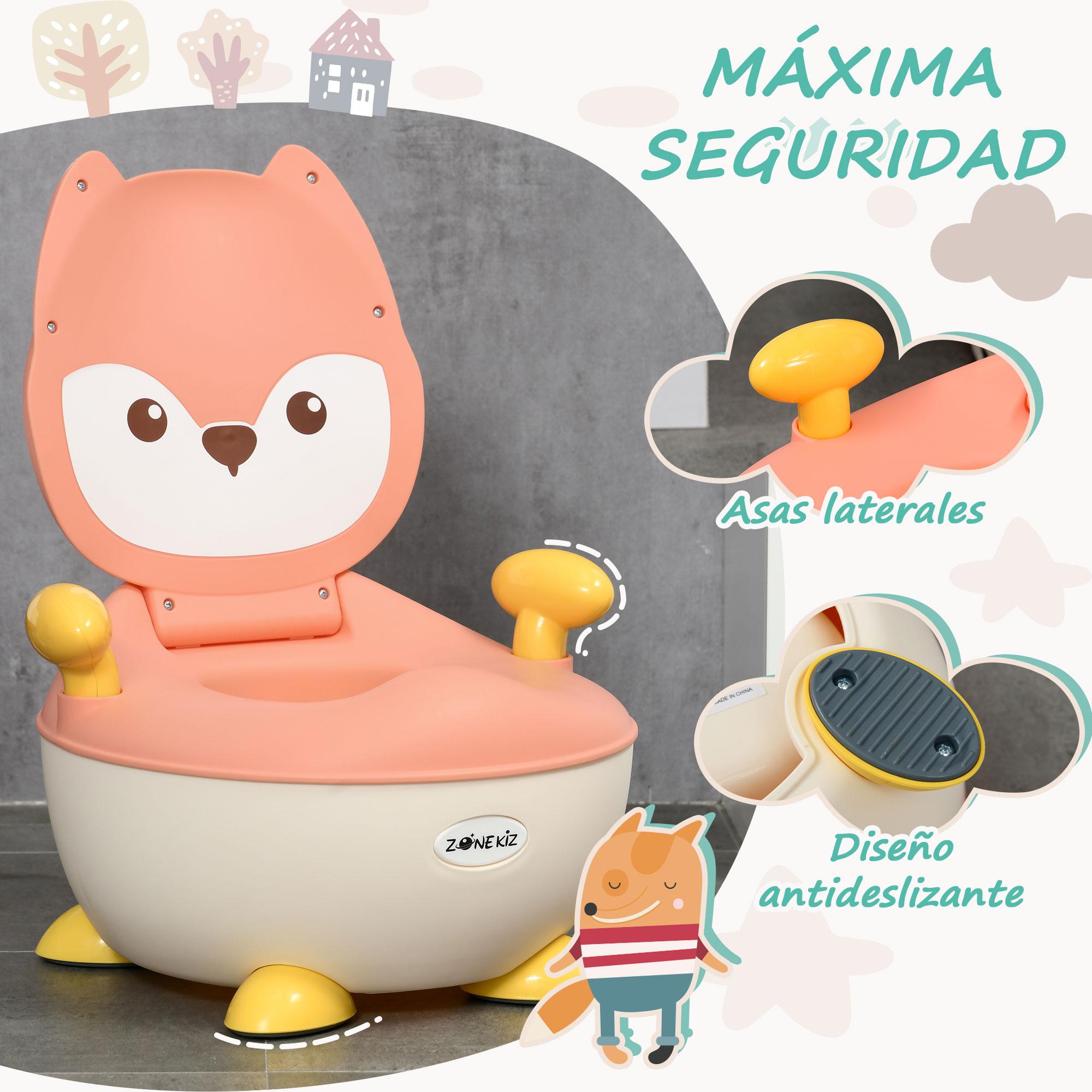 Un orinal con forma de zorro melocotón y blanco con detalles amarillos. Tiene diseño antideslizante, asas laterales e ilustración de zorro.