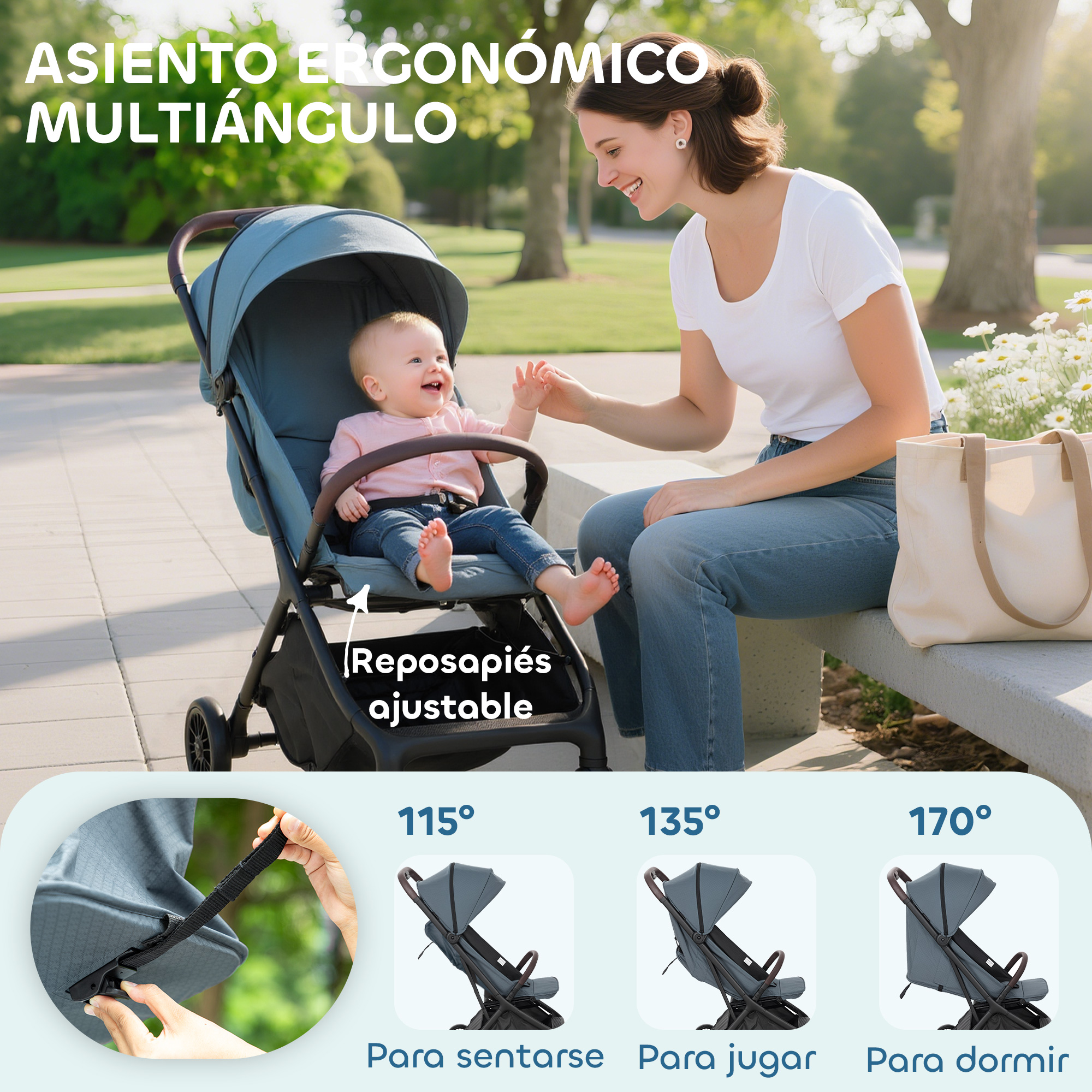 Un bebé en un cochecito azul sonríe a una mujer. El cochecito tiene reposapiés ajustables y ajustes multiángulo.