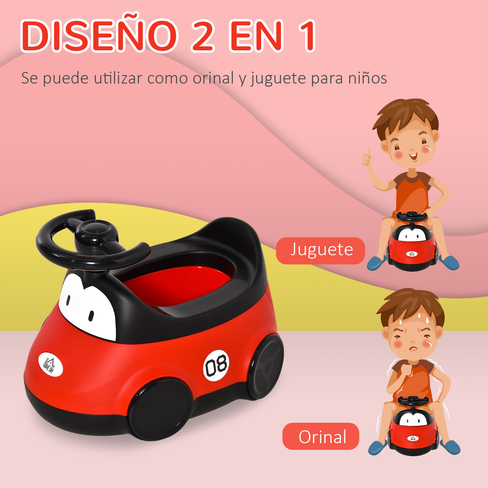 Un coche de juguete rojo y negro con volante. Dos niños montan el coche, uno feliz, otro triste. El texto dice '2 en 1'.