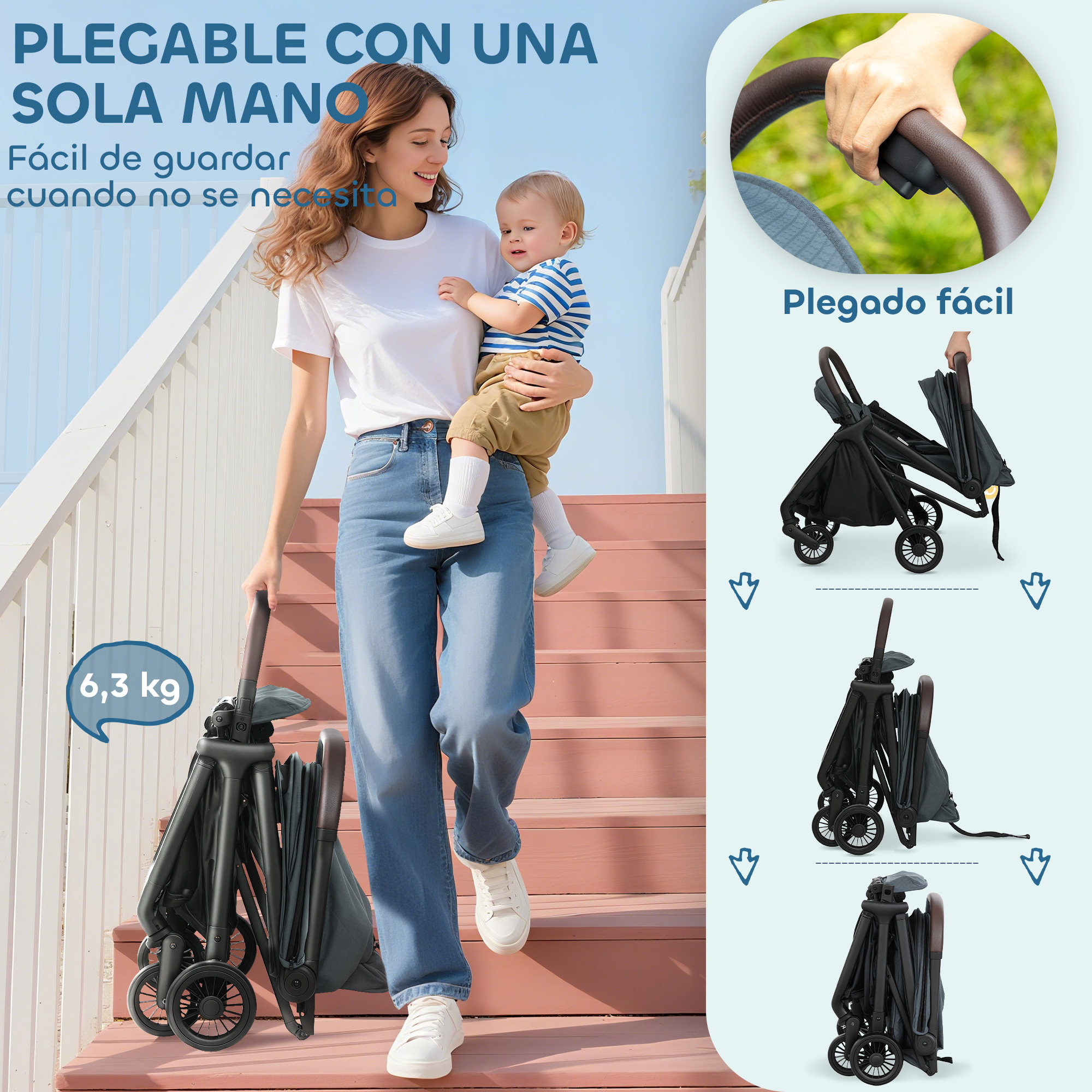 Una mujer sostiene a un bebé y un cochecito plegado. El texto dice 'Plegable con una mano' y 'Fácil de guardar'.