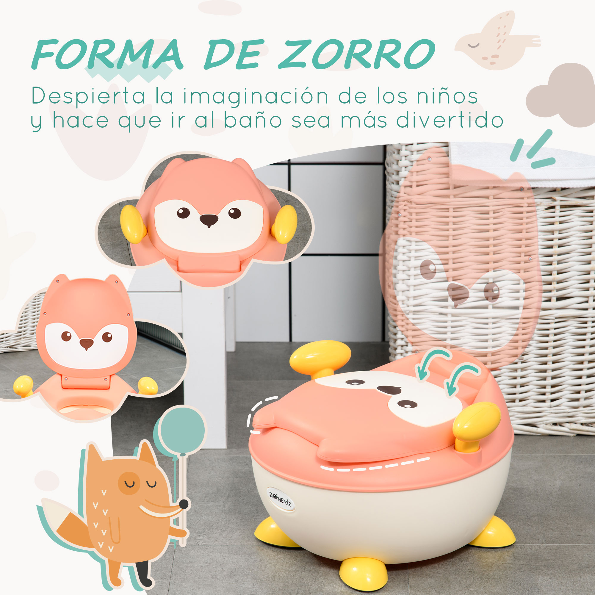 Un orinal para niños con forma de zorro. Rosa con detalles amarillos. También se muestran otras ilustraciones de zorros.