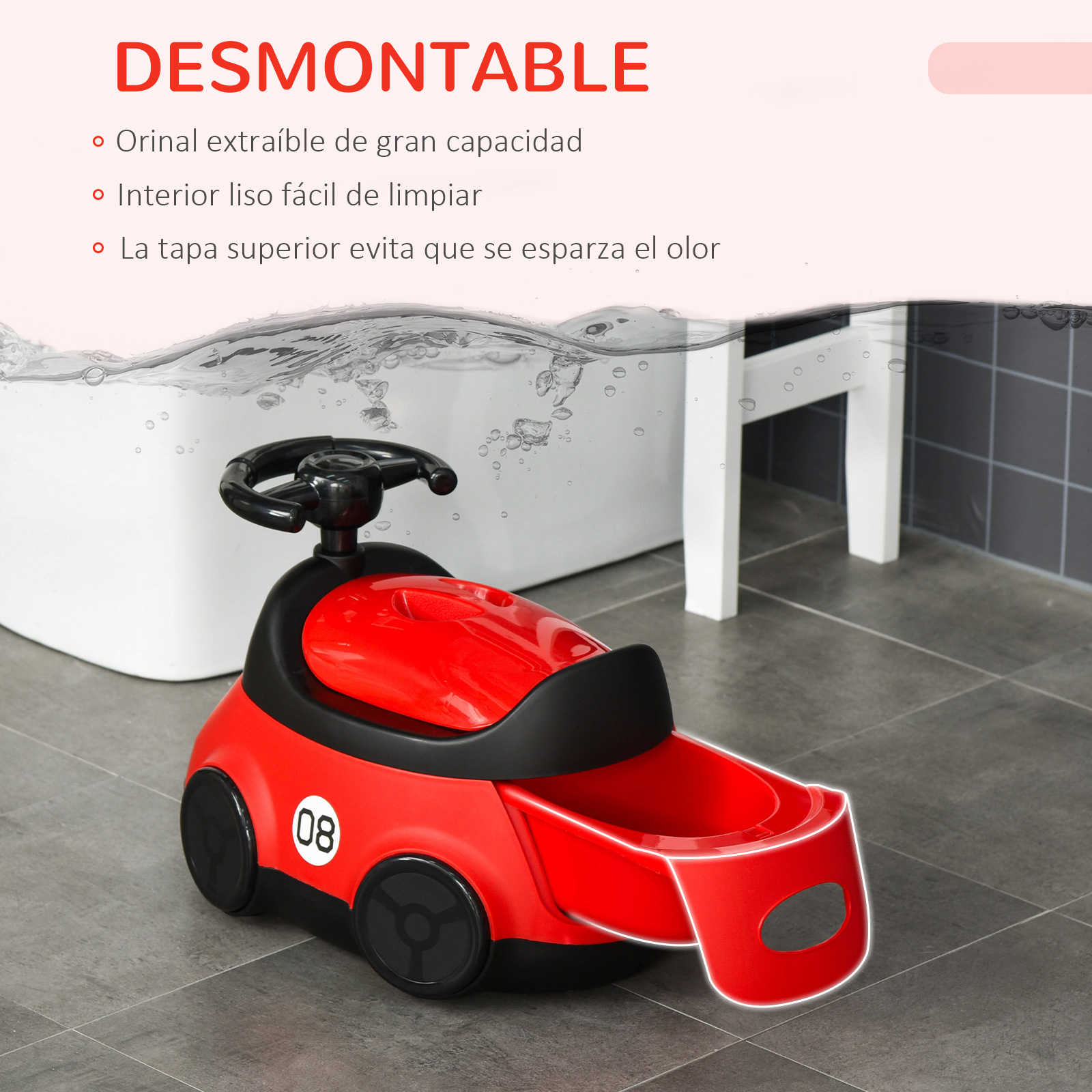 Un orinal rojo y negro con forma de coche y volante. Tiene el número 08 en el lateral.