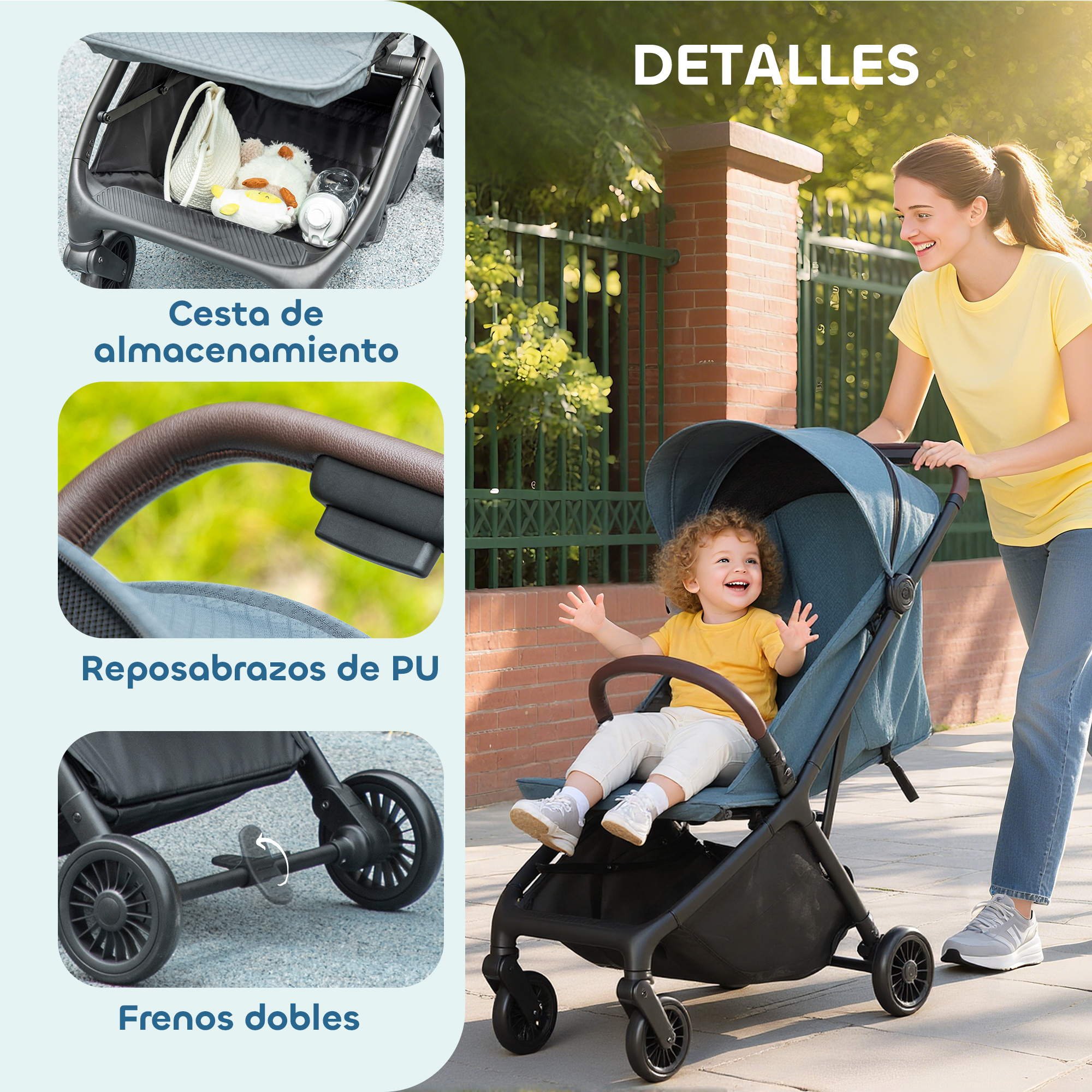 Una mujer empuja un cochecito color teal con un niño. Detalles muestran almacenamiento, reposabrazos y frenos dobles. El niño sonríe.
