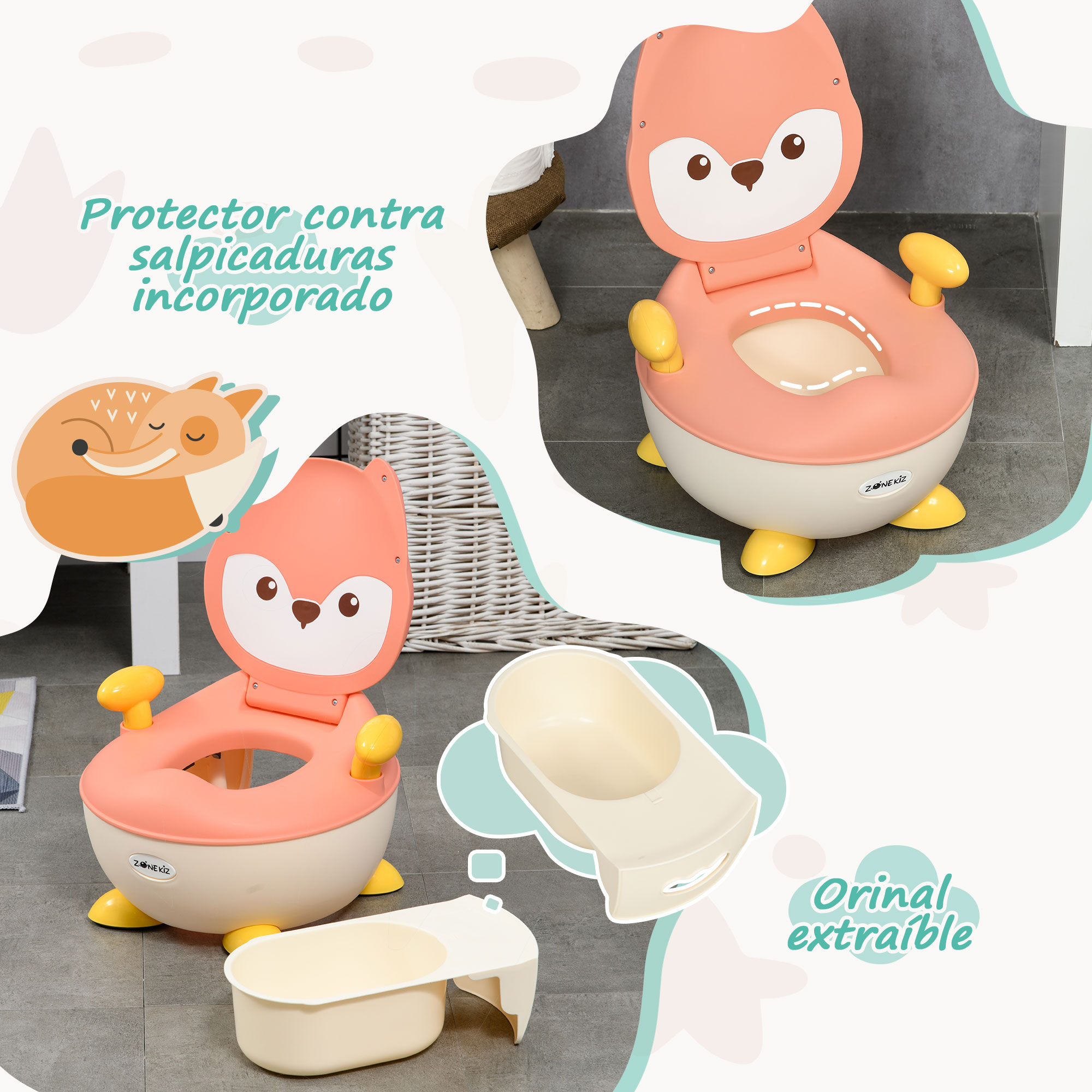 Orinal infantil con diseño de zorro, colores melocotón y blanco. Incluye urinario extraíble y protector antisalpicaduras.