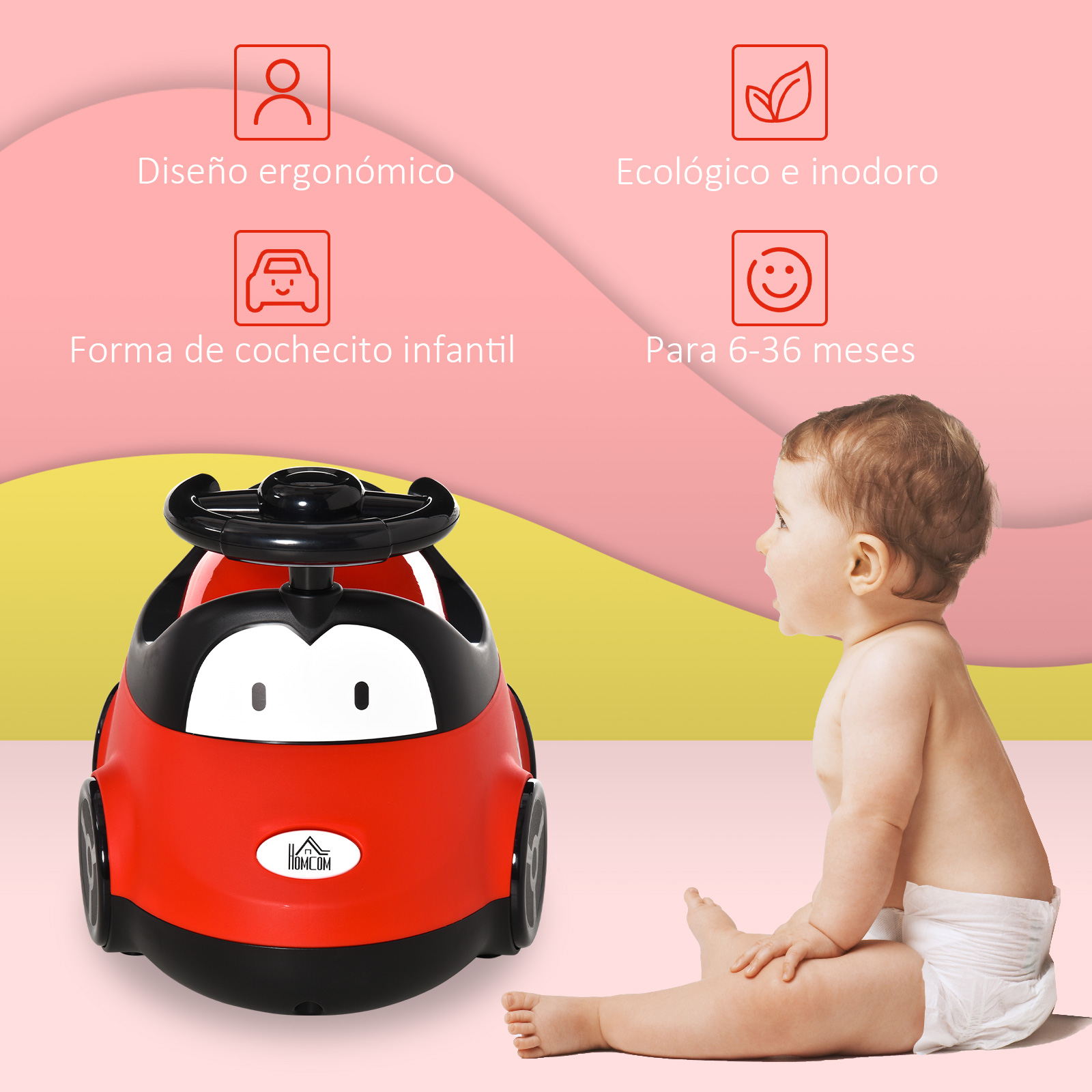 Un coche de juguete rojo con detalles en negro y un bebé con pañal sentado cerca, sobre fondo rosa.