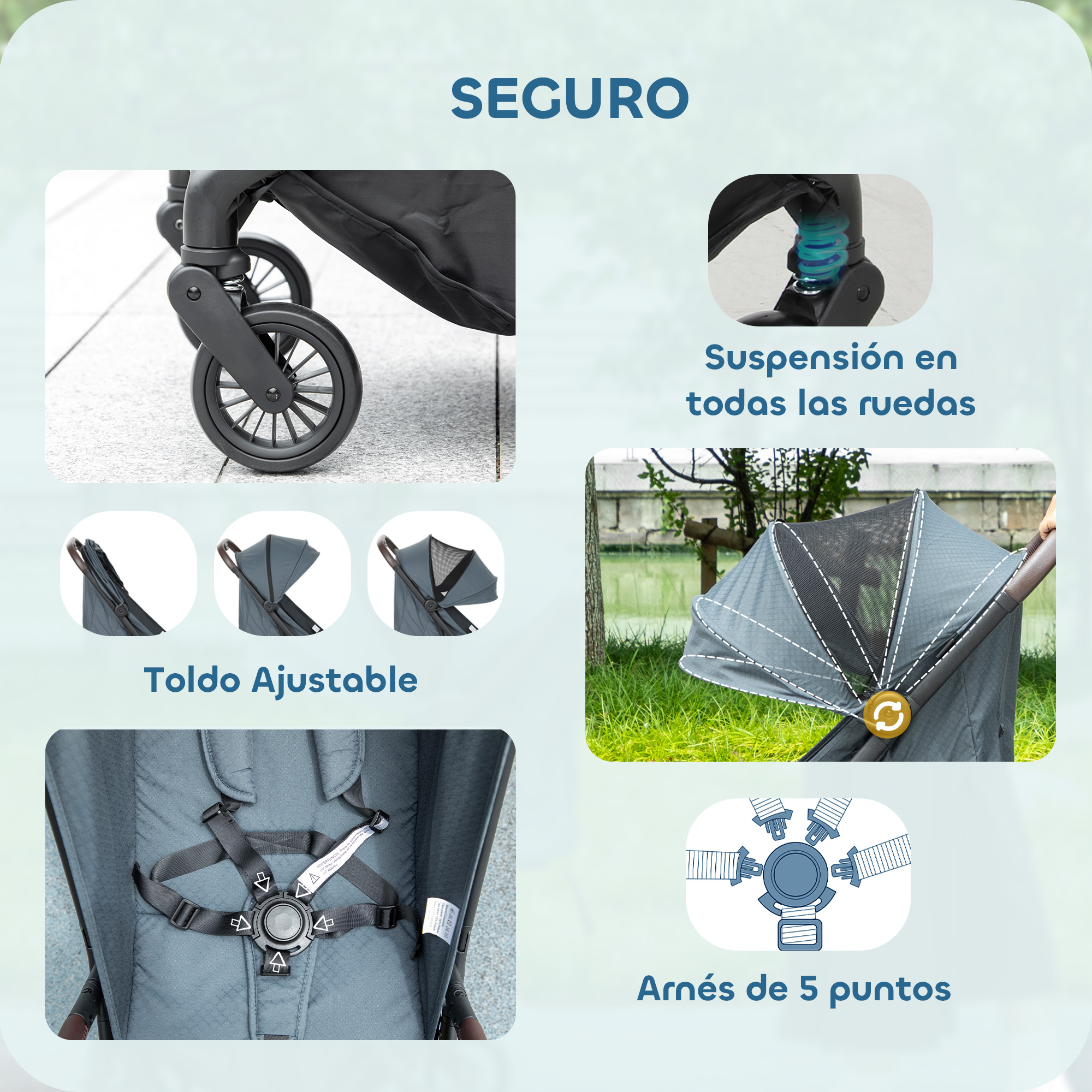 Cochecito con capota ajustable, arnés de 5 puntos, suspensión en todas las ruedas. Imágenes muestran detalles.