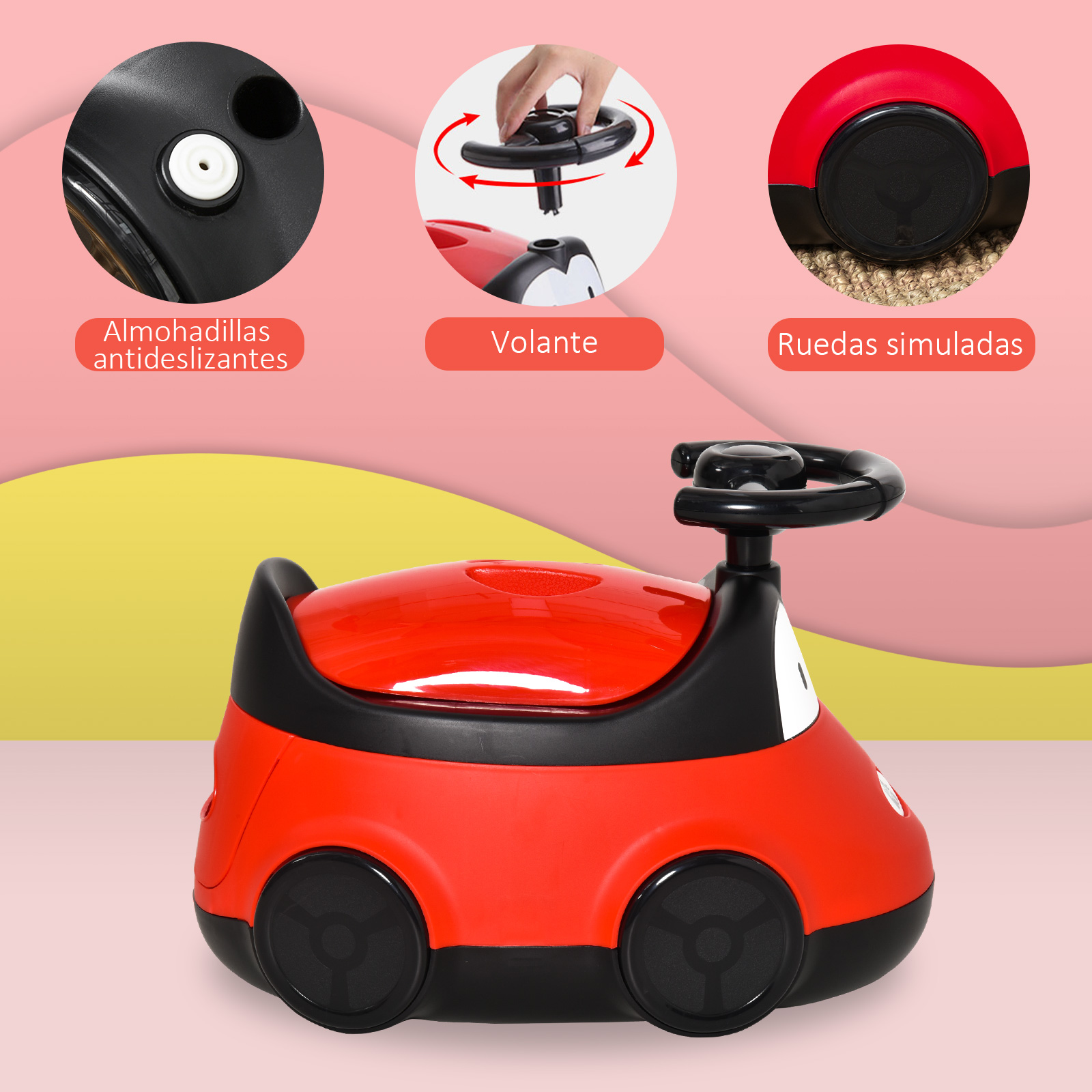 Un coche de juguete rojo y negro con volante y ruedas simuladas. Tiene detalles como almohadillas antideslizantes.
