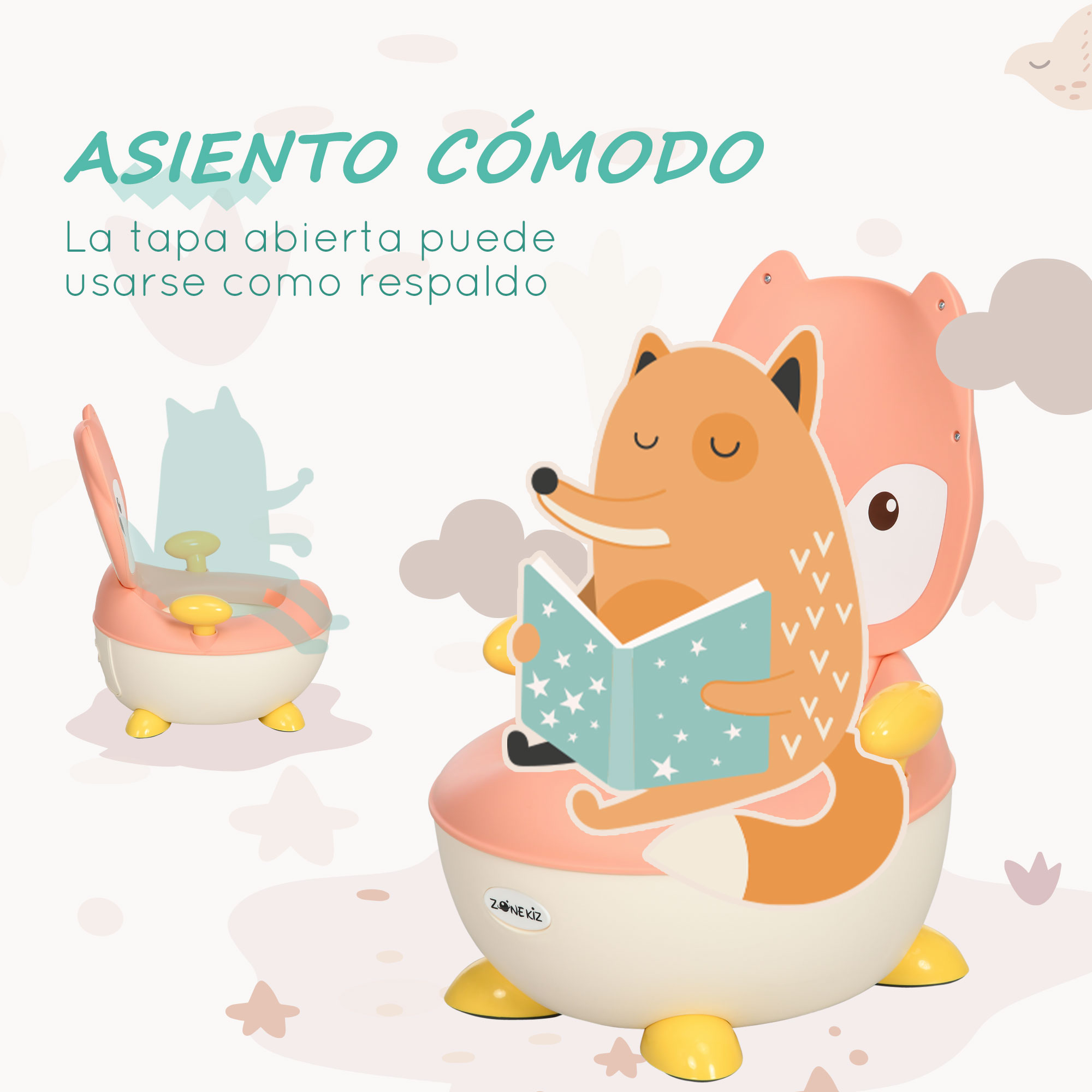 Un zorro de dibujos animados está sentado en un orinal para niños, leyendo un libro. El orinal tiene forma de zorro y es rosa y blanco.