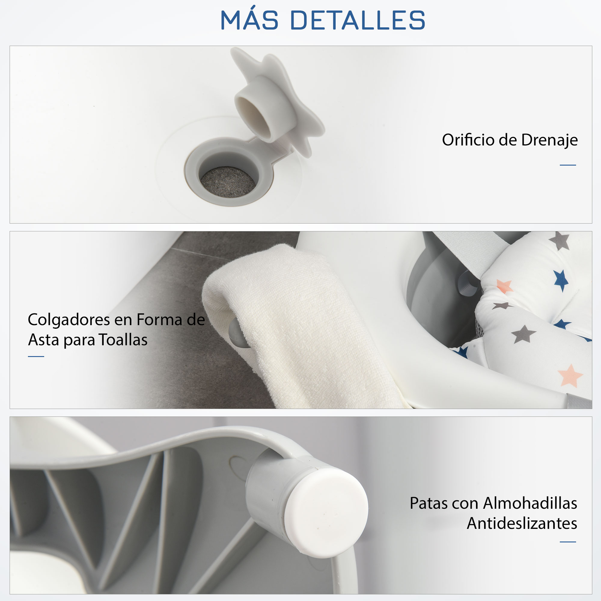 Detalles de un asiento de inodoro para bebés, con orificio de drenaje, colgadores de toallas y almohadillas antideslizantes.