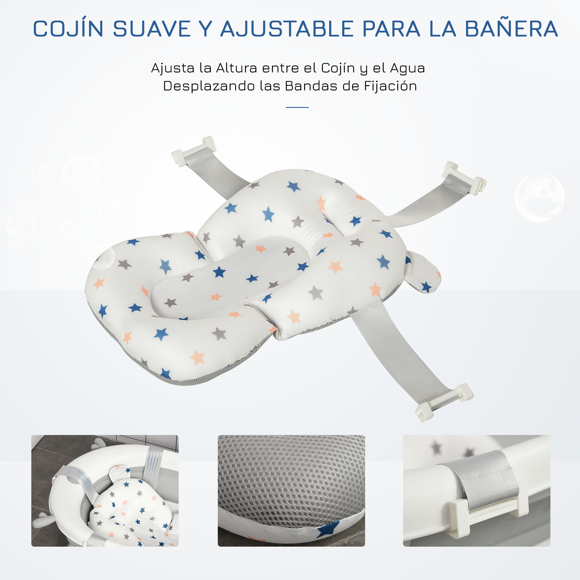 Un cojín de baño para bebés blanco con patrones de estrellas y correas ajustables. Es para la comodidad del bebé.