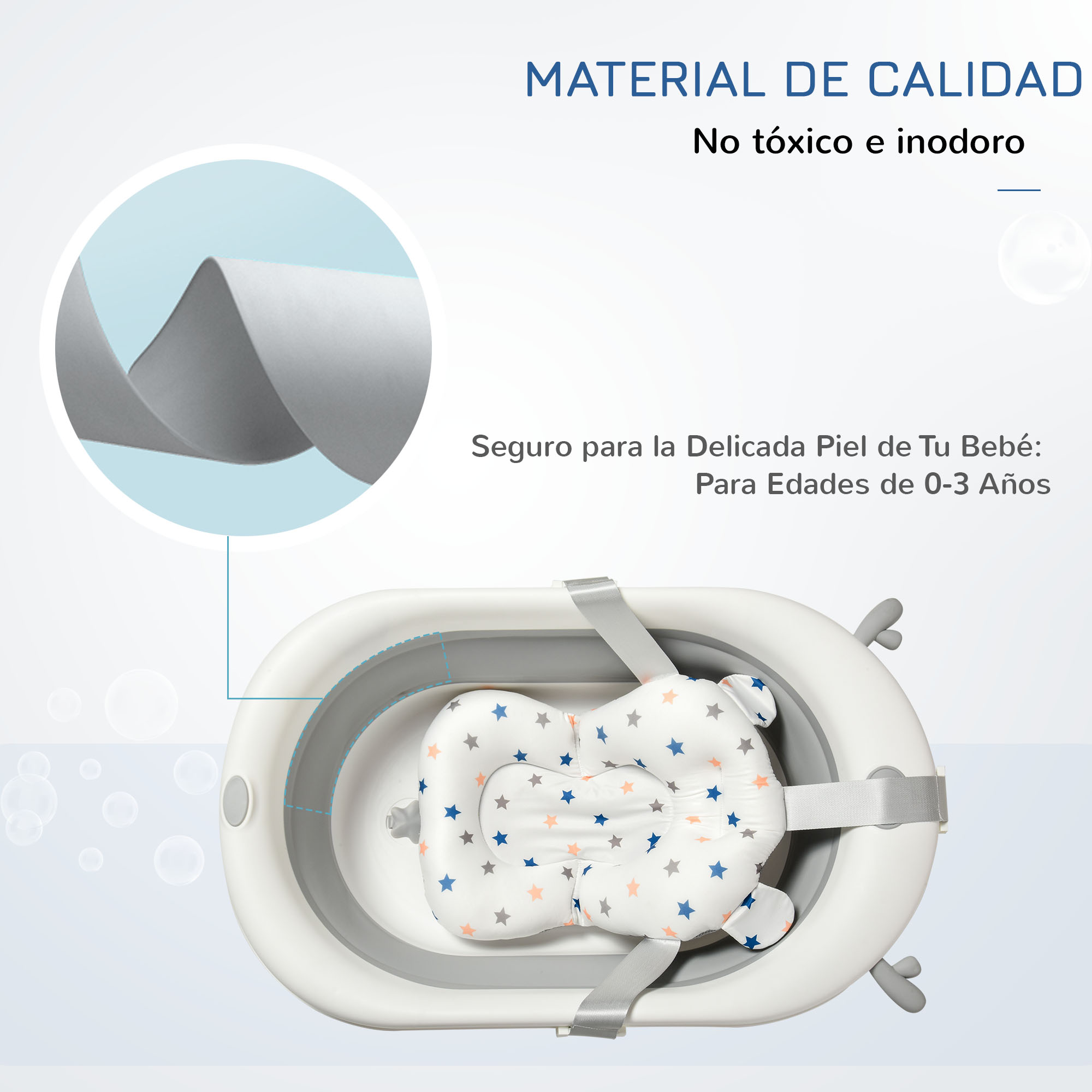 Una bañera para bebé con un cojín con estampado de estrellas en su interior. Texto arriba dice "MATERIAL DE CALIDAD" y más.
