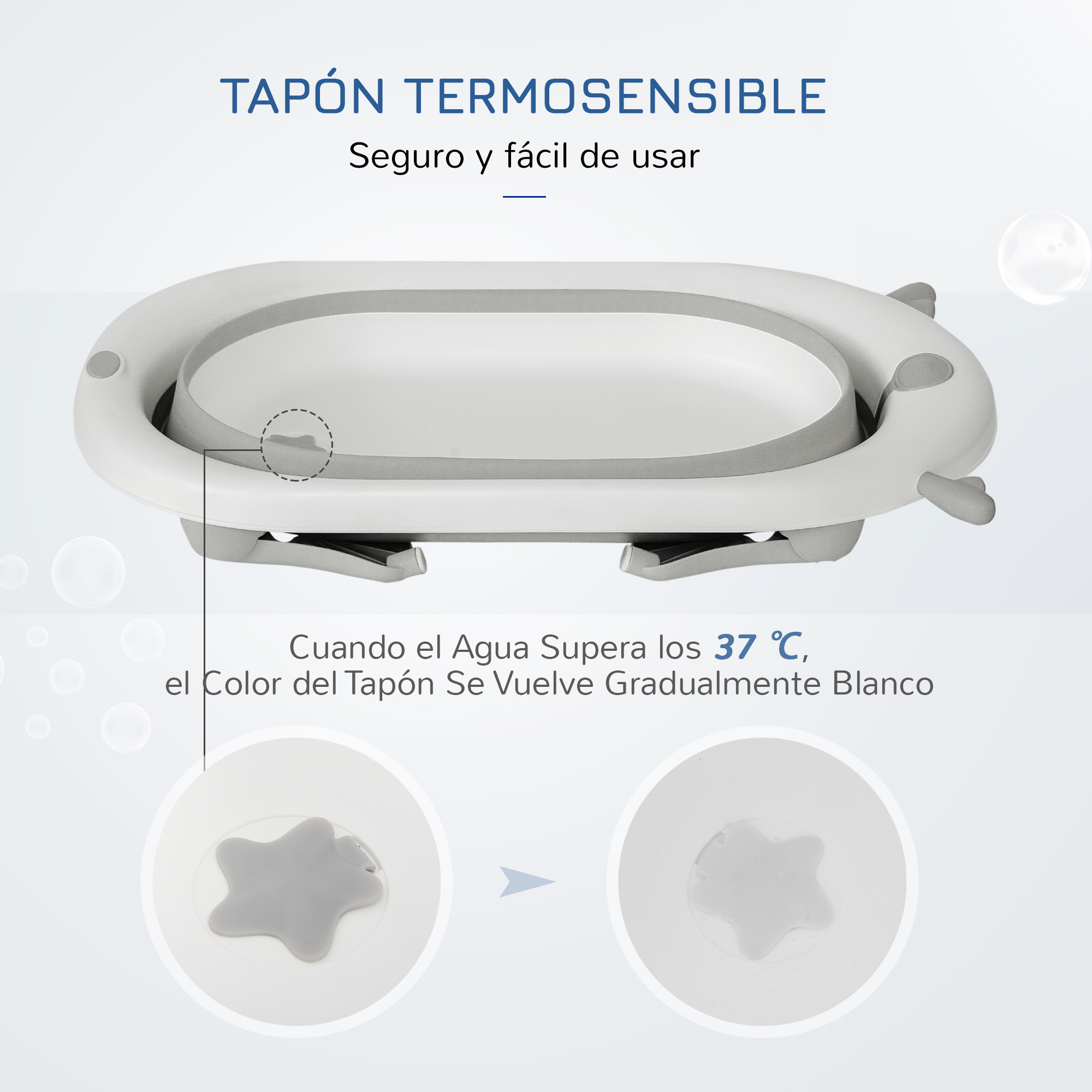 Una bañera para bebés blanca y gris con tapón sensible a la temperatura. El texto explica los cambios de color a más de 37°C.
