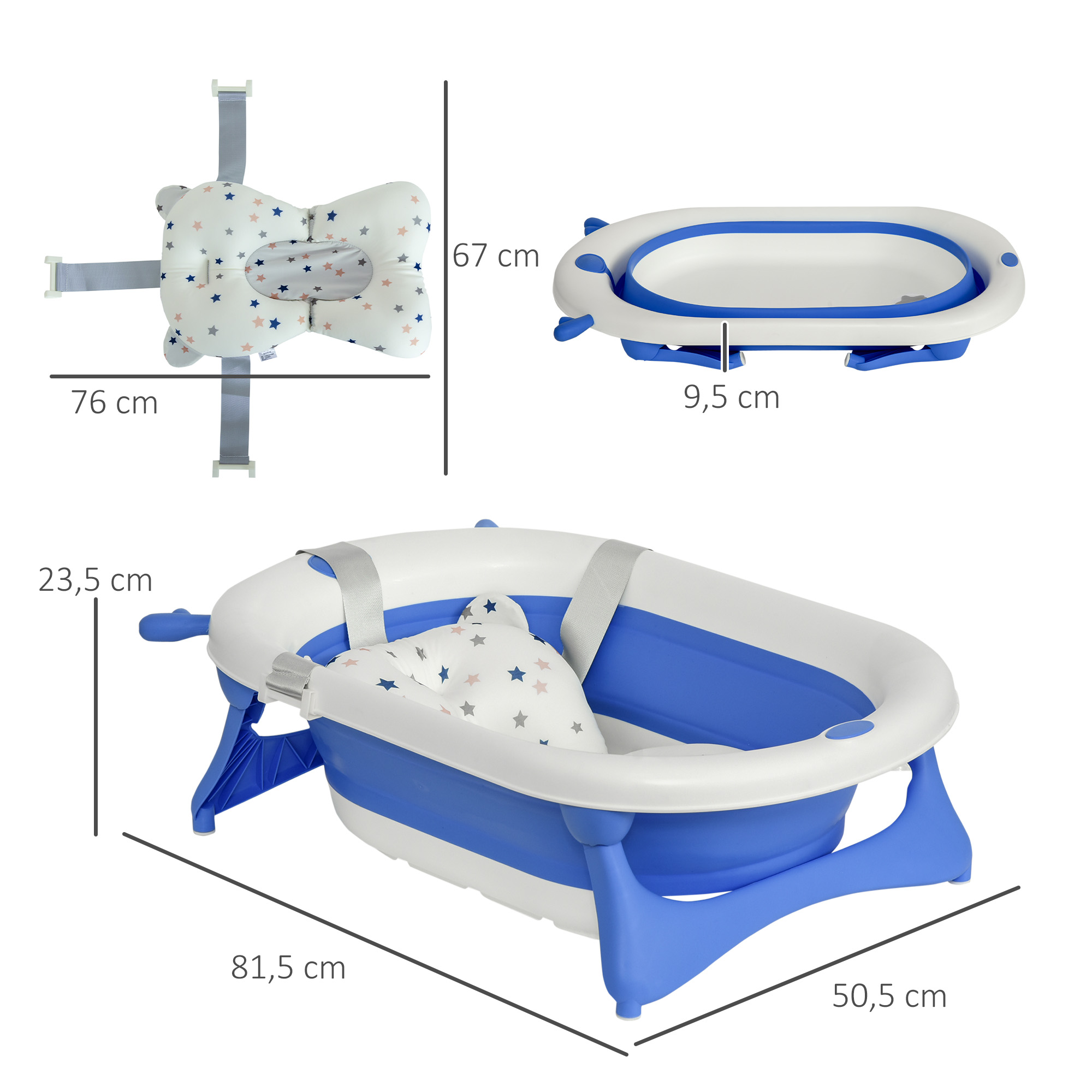 Una bañera para bebés con almohada en forma de estrella, colores blanco y azul, y dimensiones mostradas.