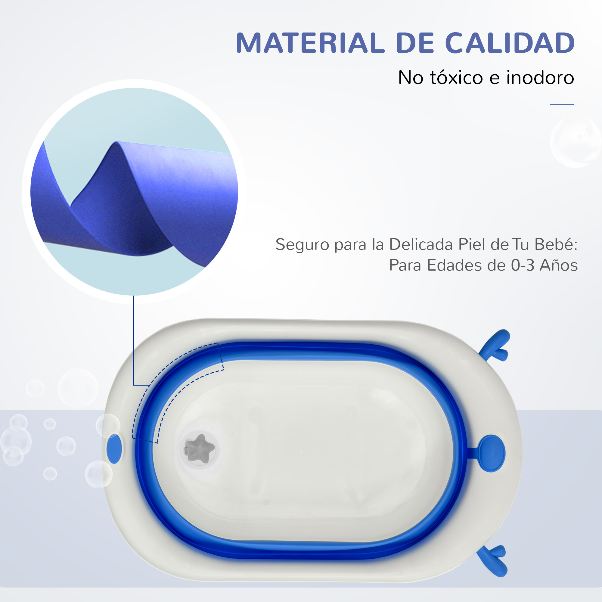 Una bañera para bebés blanca y azul. Acentos azules en el borde y las asas. El texto en español anuncia seguridad y calidad.