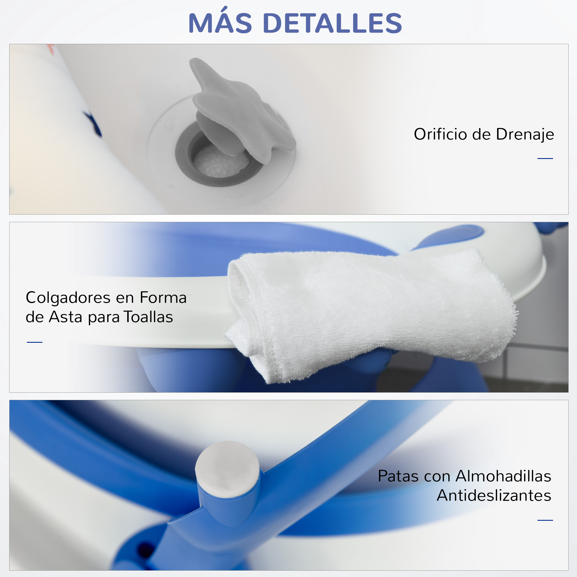 La imagen muestra detalles de una bañera para bebés: desagüe, toallero y pies antideslizantes. La bañera es blanca y azul.