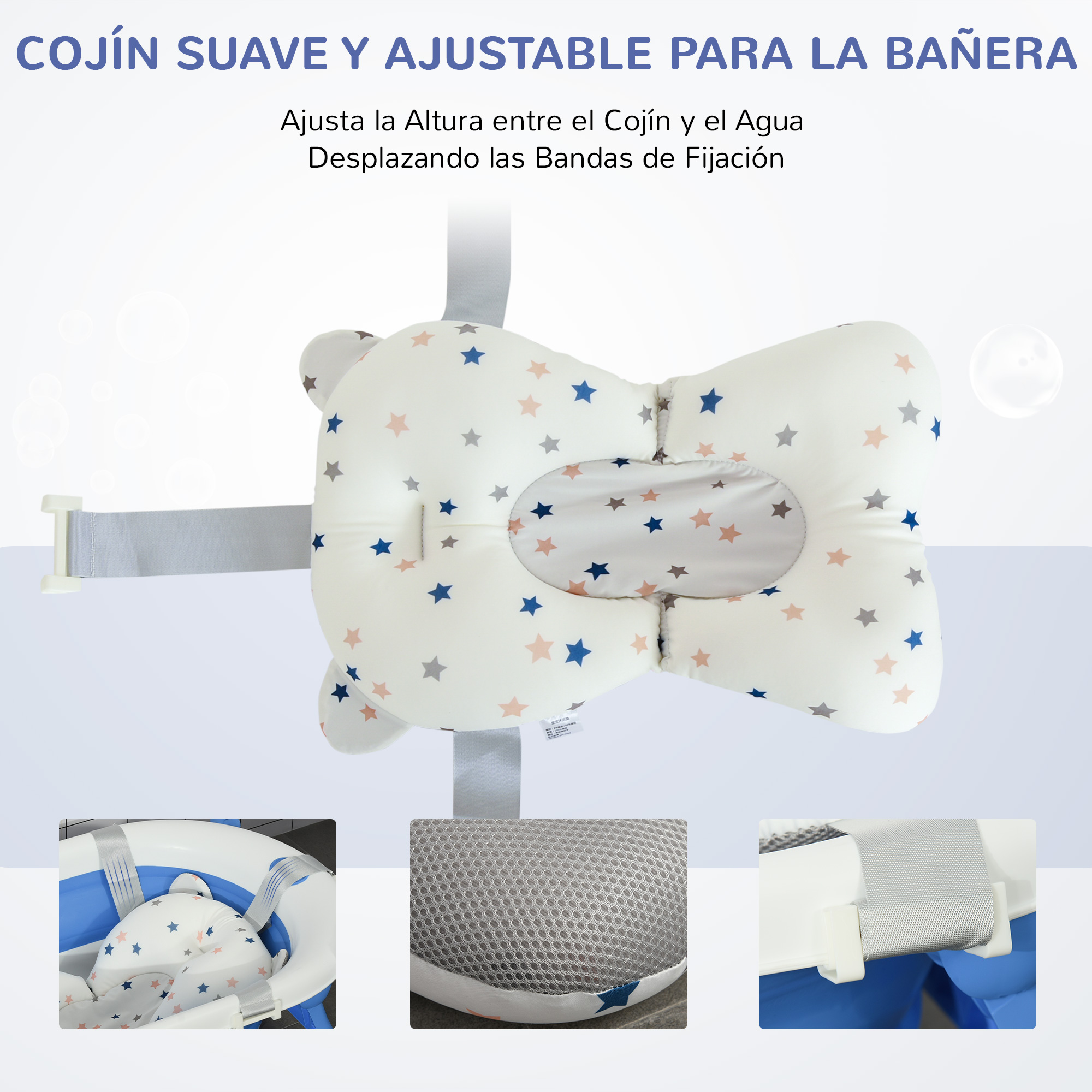 Una almohada de baño para bebés blanca con estrellas. Tiene correas ajustables. El fondo es blanco.