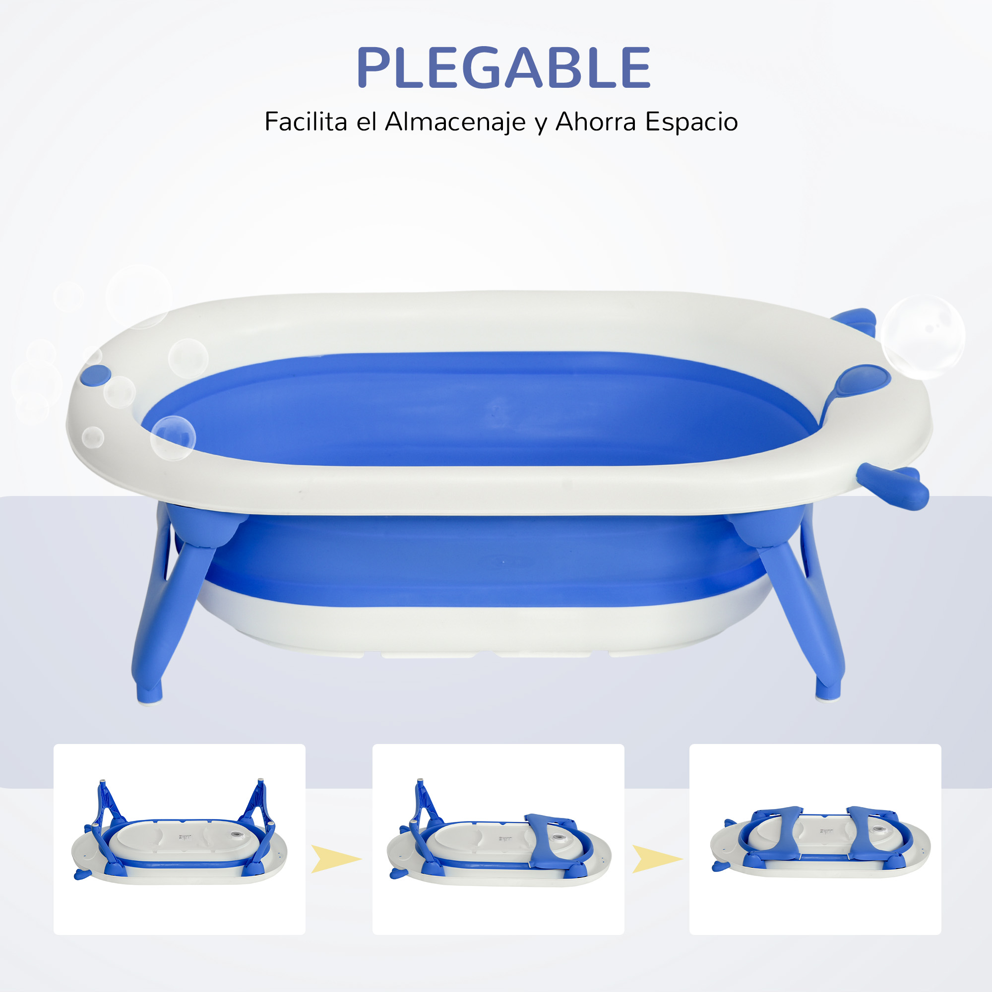 Bañera plegable azul y blanca para bebés. Pasos muestran el plegado. Texto: 'PLEGABLE' y 'Facilita el Almacenaje y Ahorra Espacio'.