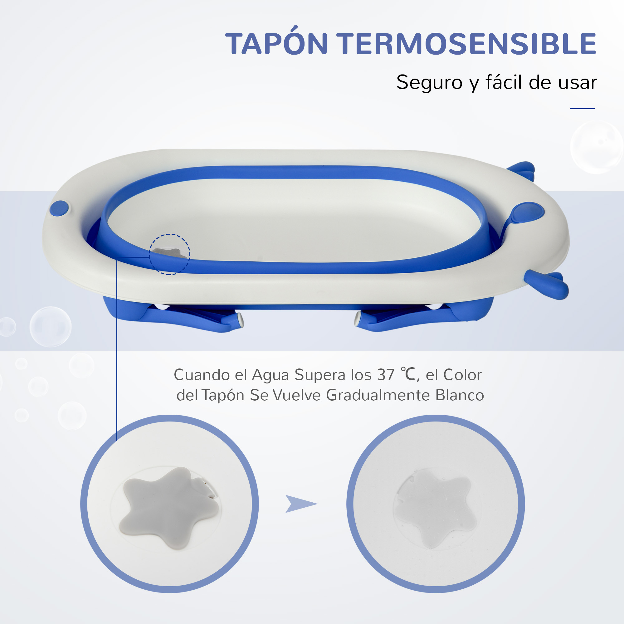 Una bañera para bebés blanca y azul con un tapón sensible a la temperatura que cambia de color cuando el agua supera los 37°C.