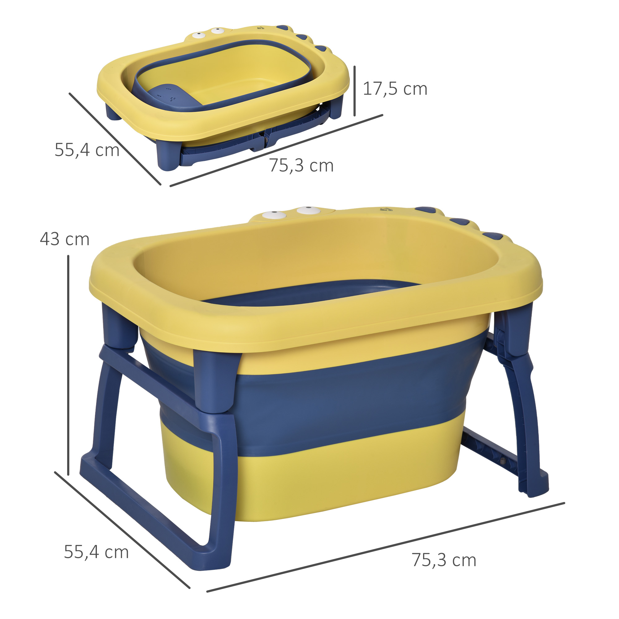 Una bañera para bebés amarilla y azul, plegada y desplegada, con dimensiones en centímetros.