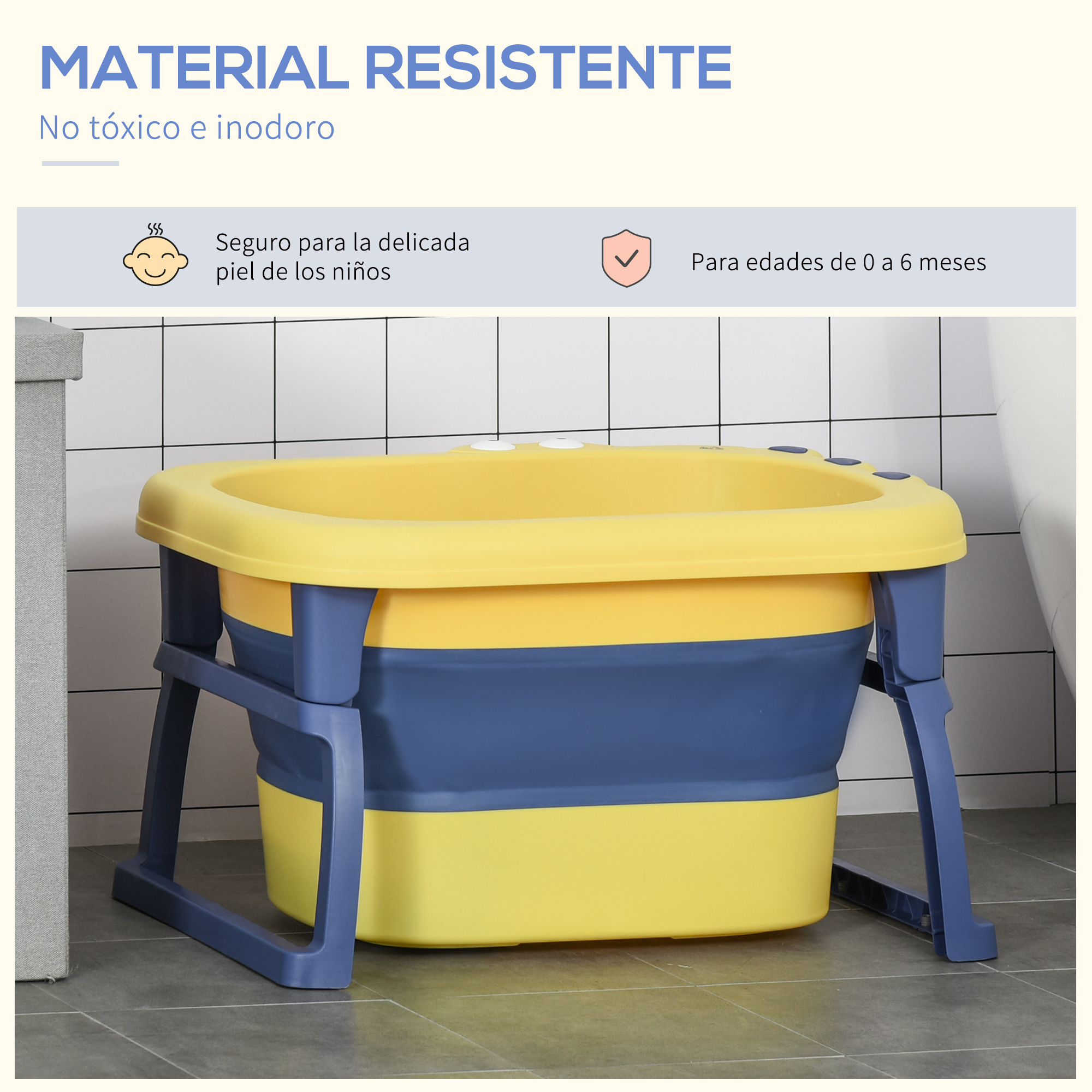 Bañera para bebés amarilla y azul con patas, sobre suelo embaldosado, con texto arriba.