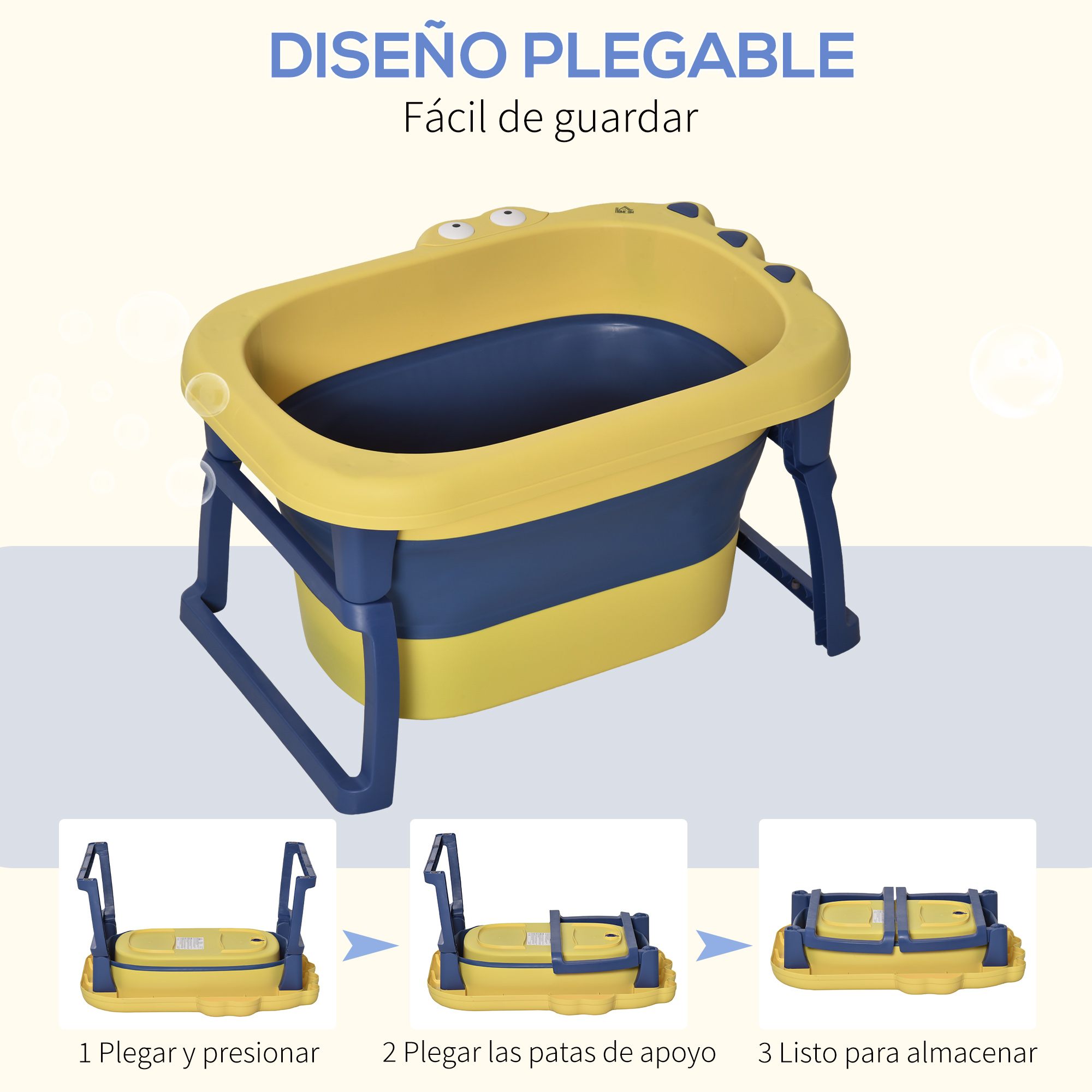 Bañera plegable para bebés amarilla y azul. Pasos muestran el plegado. Texto en español. Producto fácil de guardar.