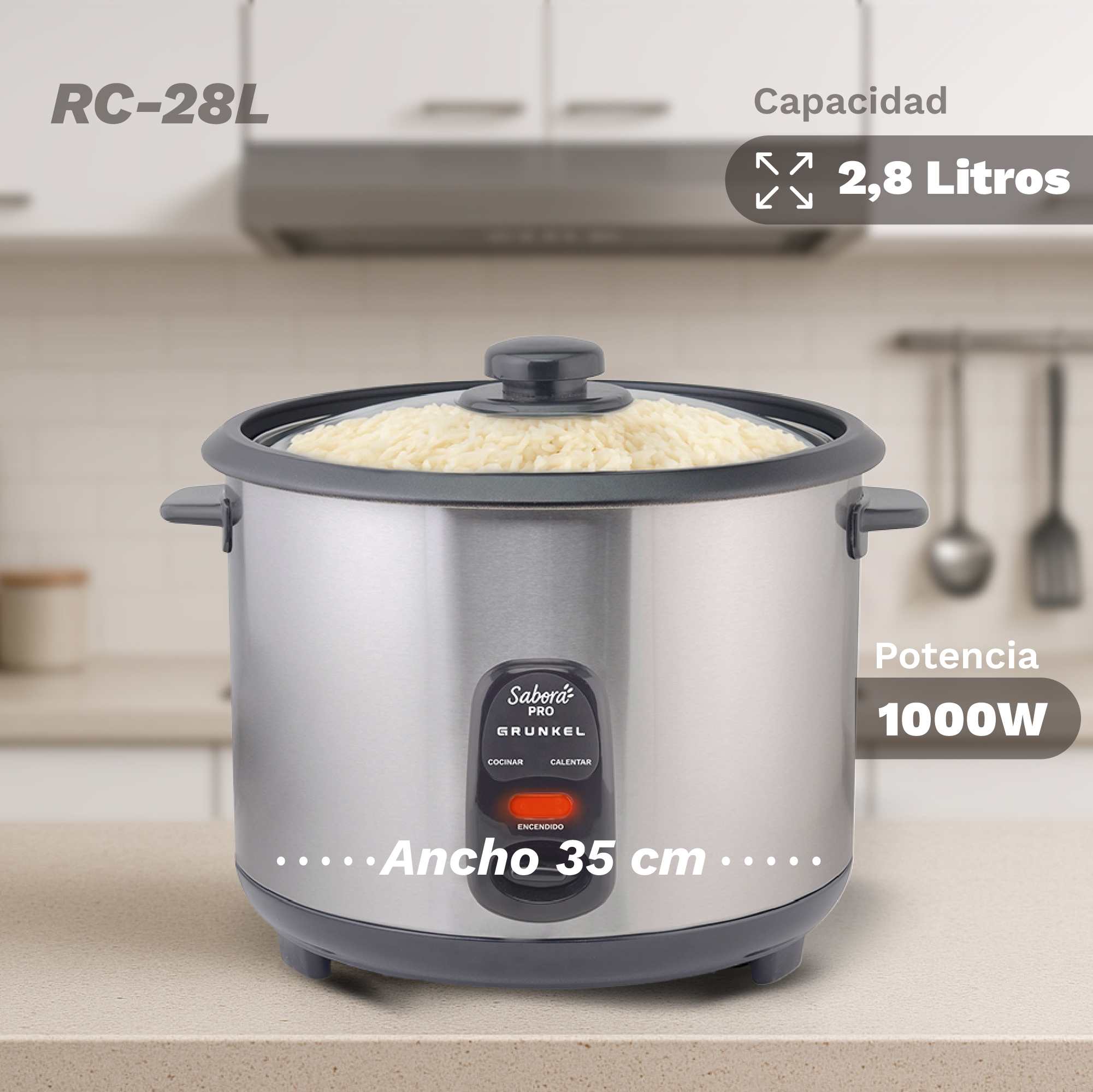 Una arrocera con tapa de cristal. Está sobre una encimera. La capacidad es de 2,8 litros y la potencia es de 1000W.