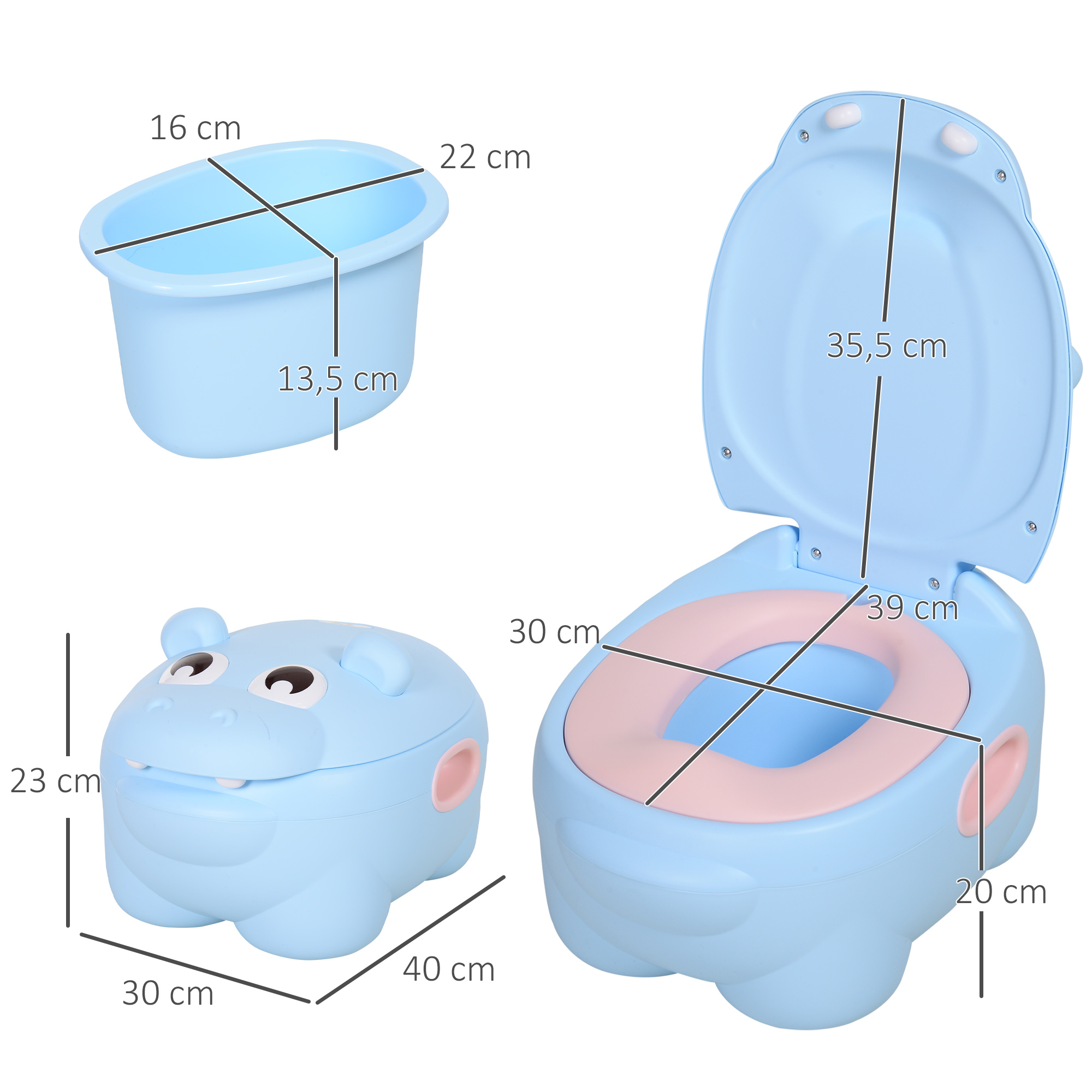 La imagen muestra un orinal azul, un recipiente pequeño y un orinal con forma de hipopótamo. Las dimensiones están etiquetadas con medidas en cm.