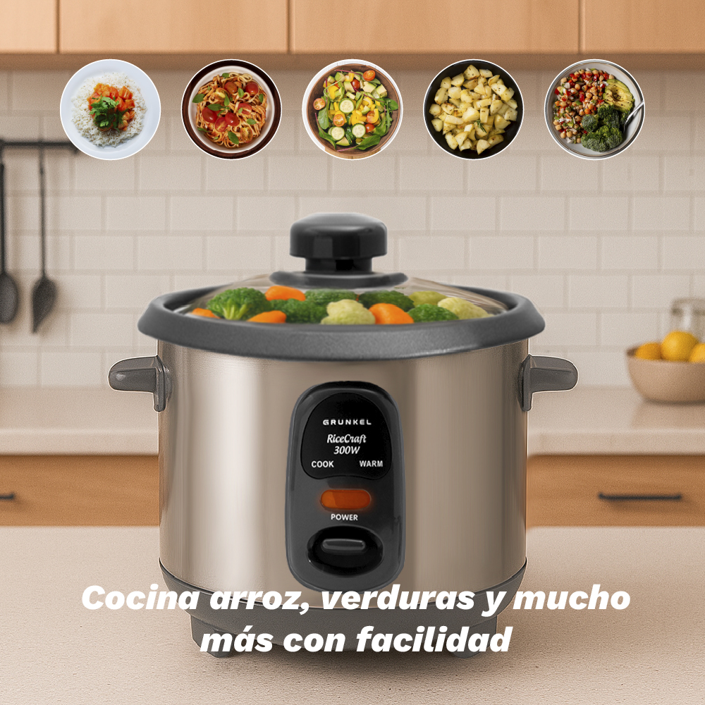 Una arrocera con verduras dentro y varios platos encima. El texto dice: Cocina arroz, verduras y más con facilidad.