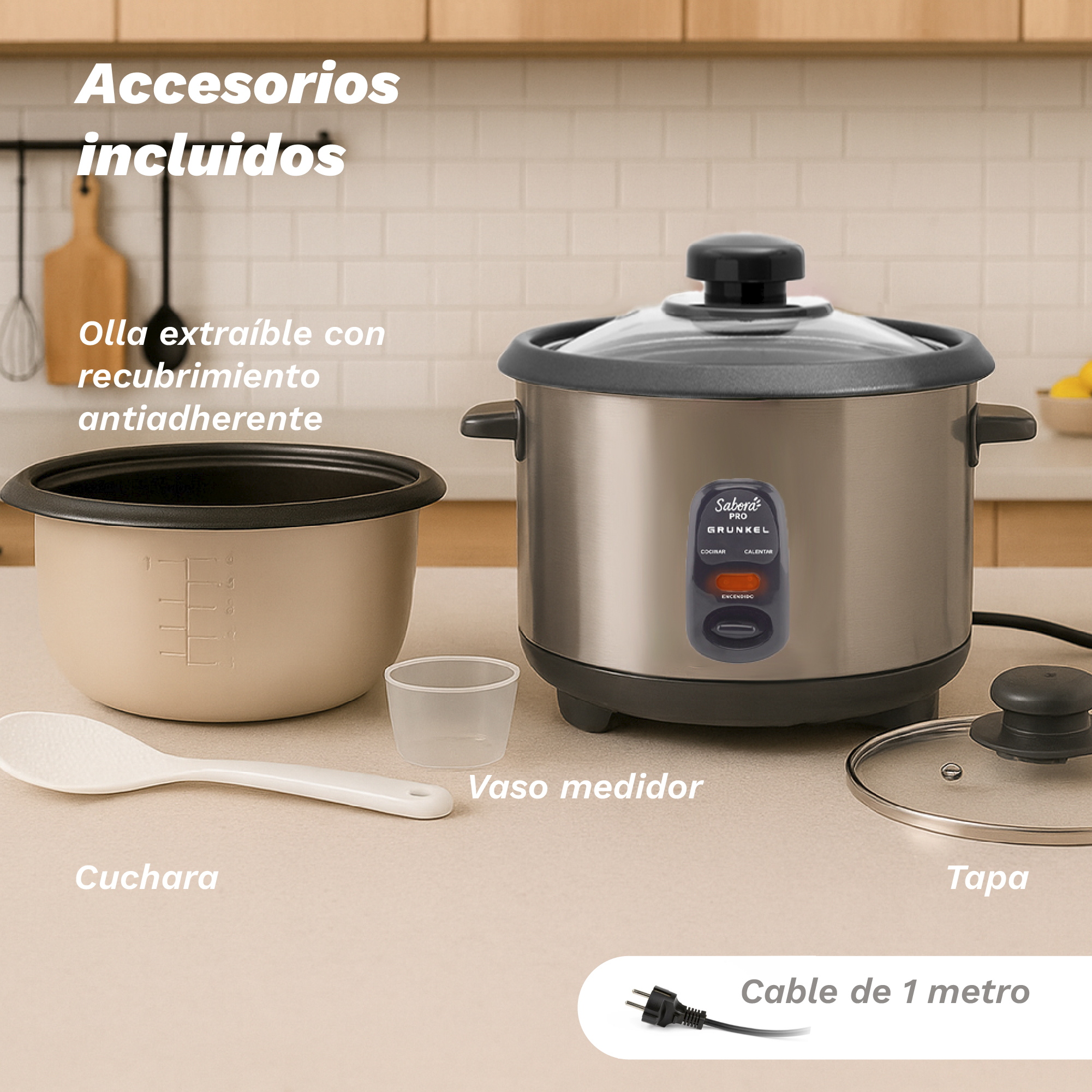 Una arrocera con accesorios que incluyen una olla interior, cuchara, taza medidora, tapa y cable de alimentación.
