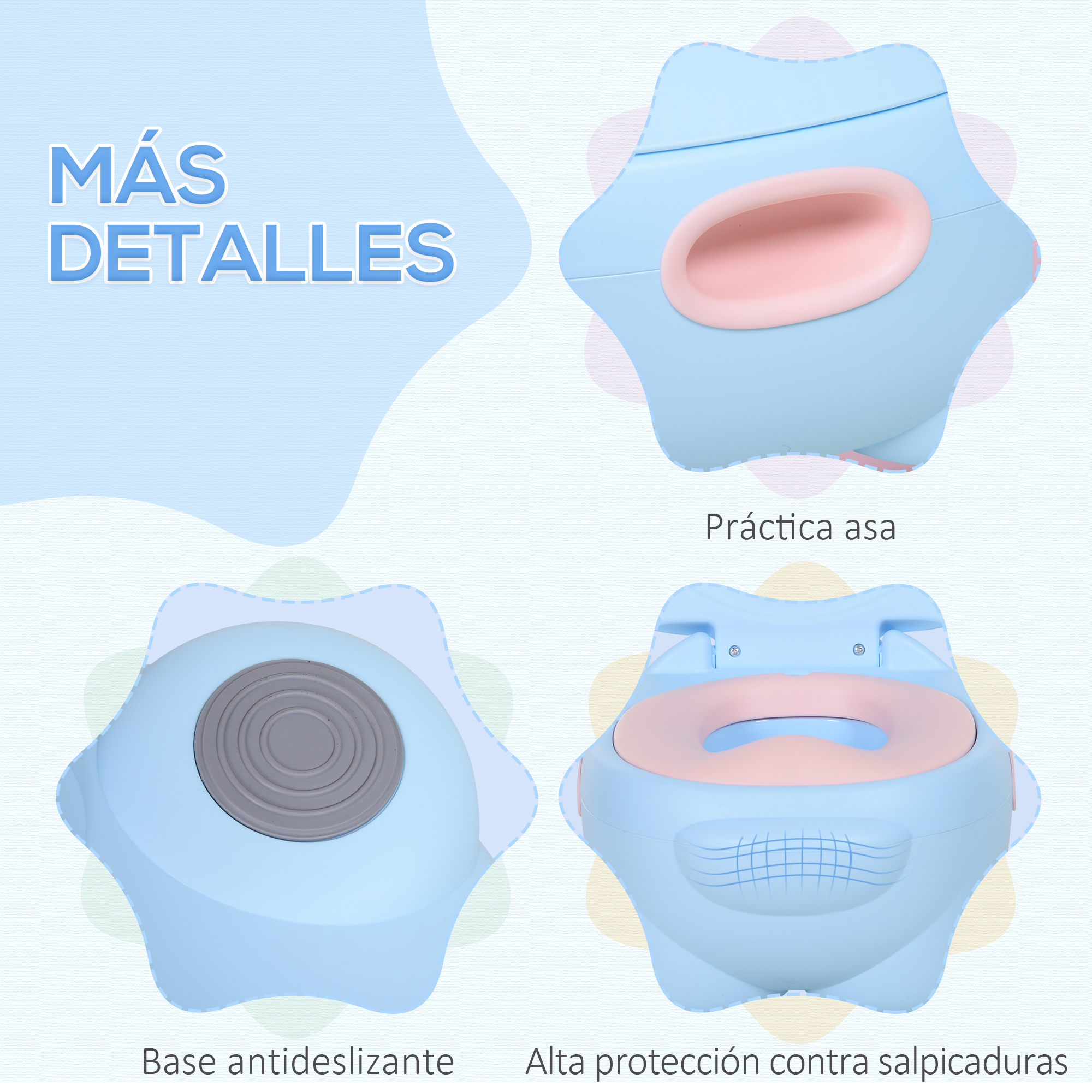 Un orinal azul para bebés con detalles en rosa. Incluye asa, base antideslizante y protección contra salpicaduras.