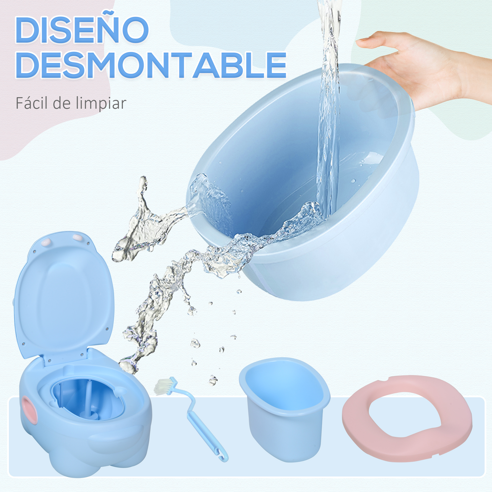 Un juego de entrenamiento para ir al baño azul desmontado. El agua vierte en una palangana. Incluye asiento, cubeta y cepillo.
