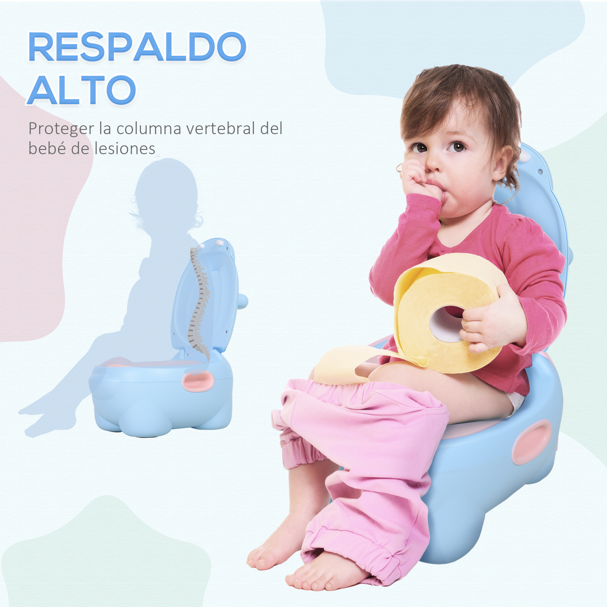 Un bebé sentado en un orinal azul, sosteniendo un rollo de papel higiénico amarillo. El bebé usa pantalones rosas y una camisa rosa.