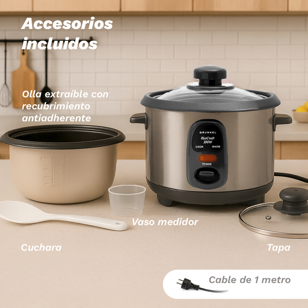 Una arrocera con accesorios que incluyen una taza medidora, cuchara, olla, tapa y cable de alimentación. La arrocera es de acero inoxidable.