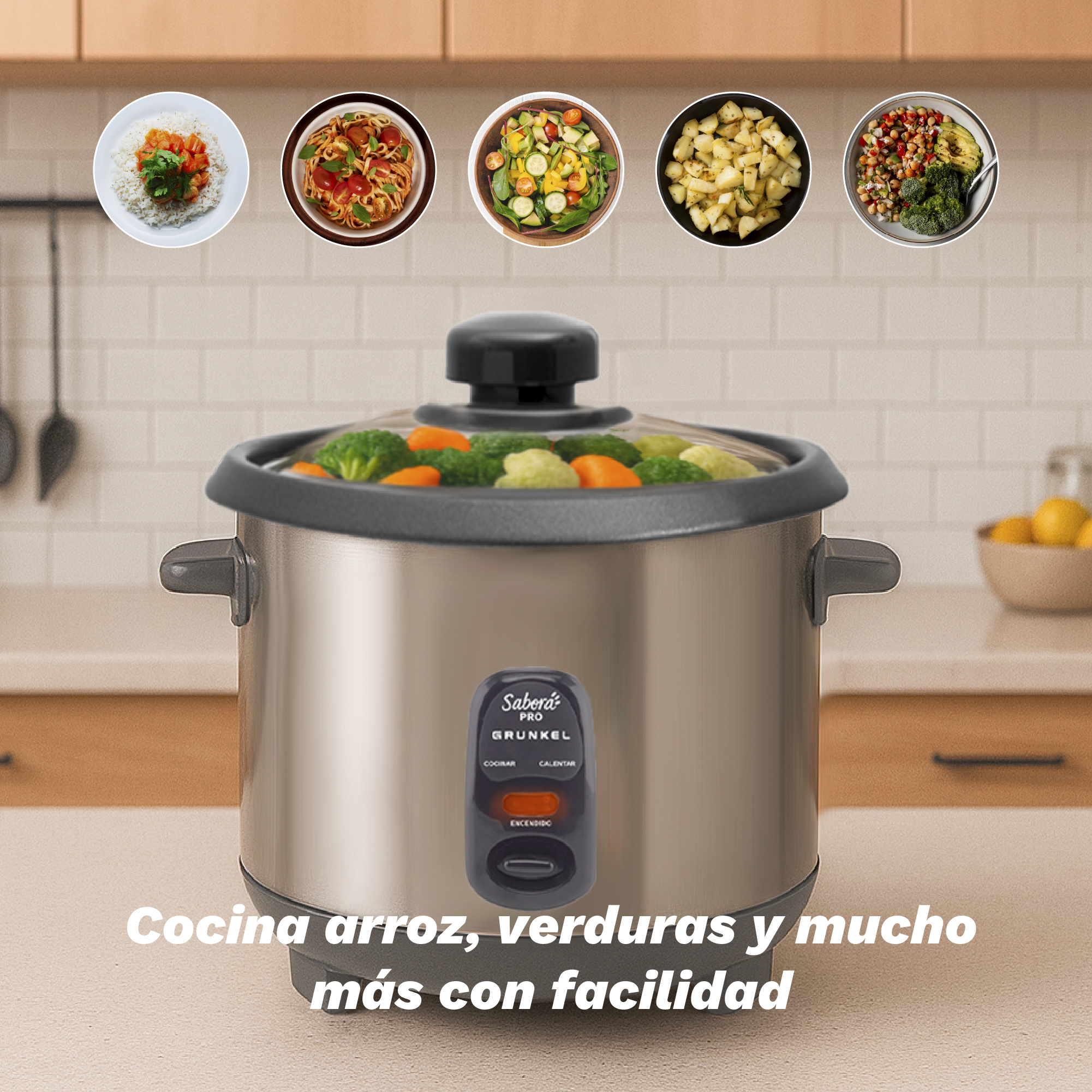 Una arrocera con verduras dentro y varios cuencos de comida encima. El texto dice: Cocine arroz, verduras y más con facilidad.