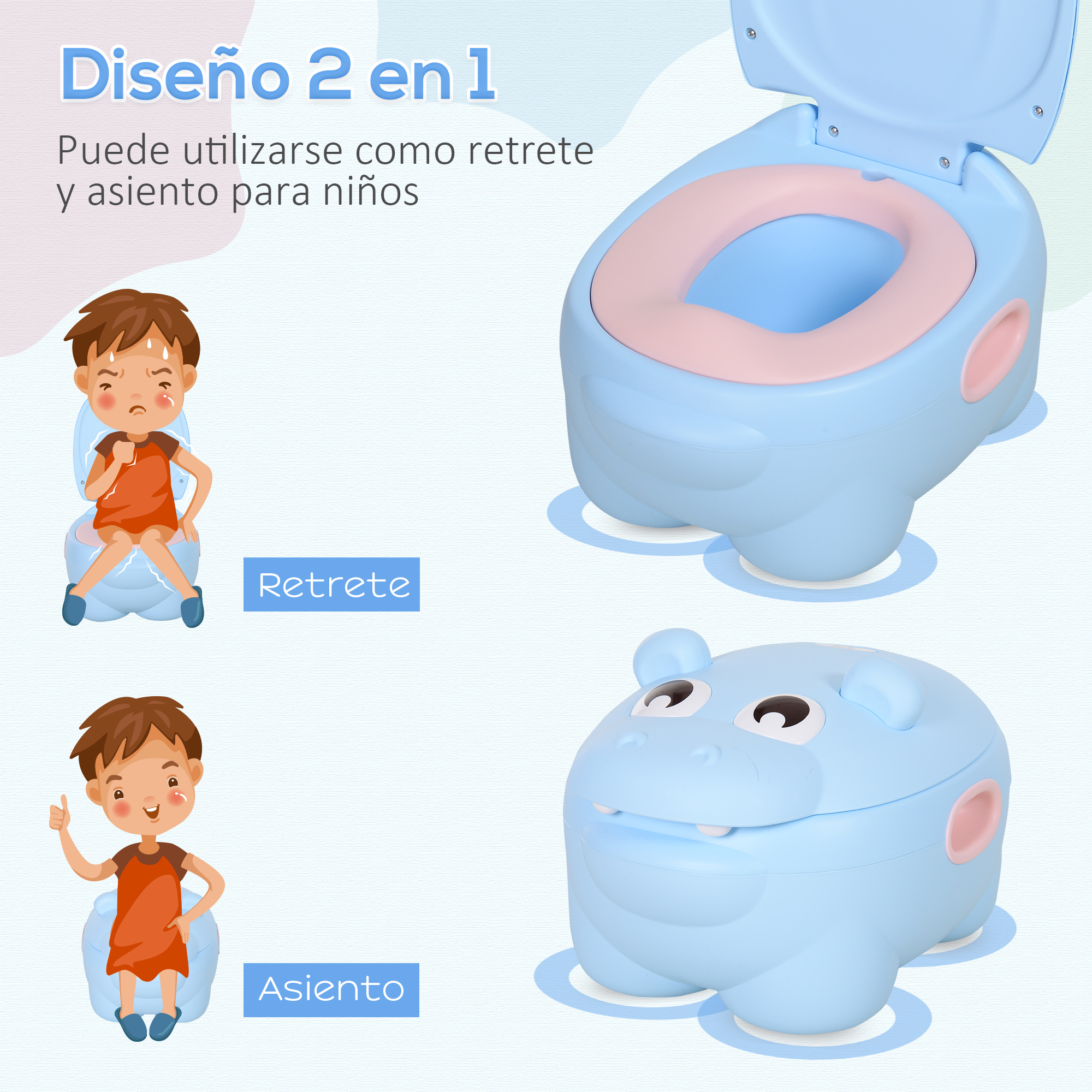 Se muestra un orinal azul con asiento rosa, junto con dos ilustraciones de niños, uno usándolo y otro como asiento.