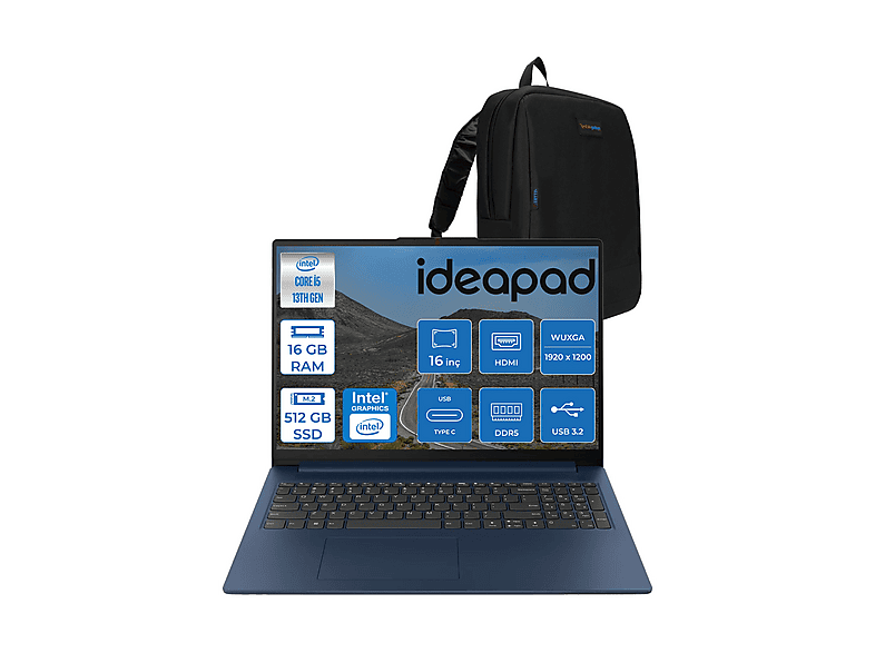 LENOVO IdeaPad Slim 3 Wuxga IPS 83K2001RTRF01 13420H 16 GB RAM 512 GB SSD 16 inç FreeDOS Laptop+Çanta Mavi
