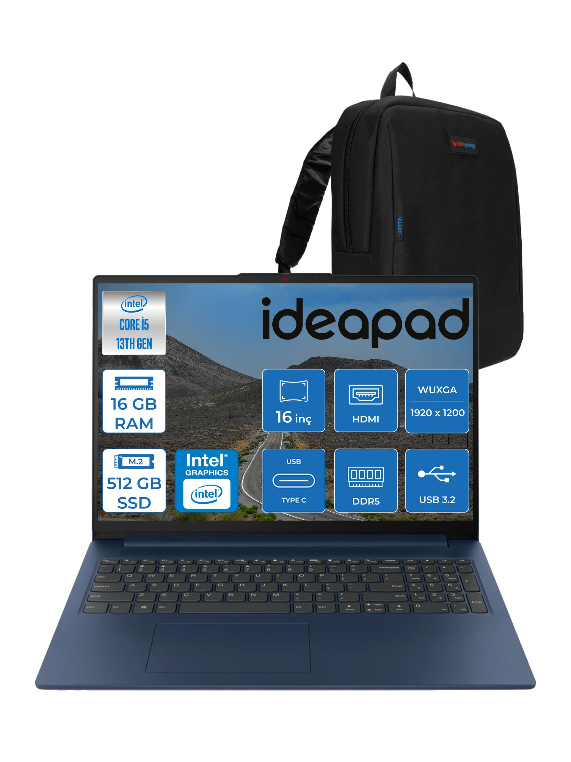 LENOVO IdeaPad Slim 3 Wuxga IPS 83K2001RTRF01 13420H 16 GB RAM 512 GB SSD 16 inç FreeDOS Laptop+Çanta Mavi