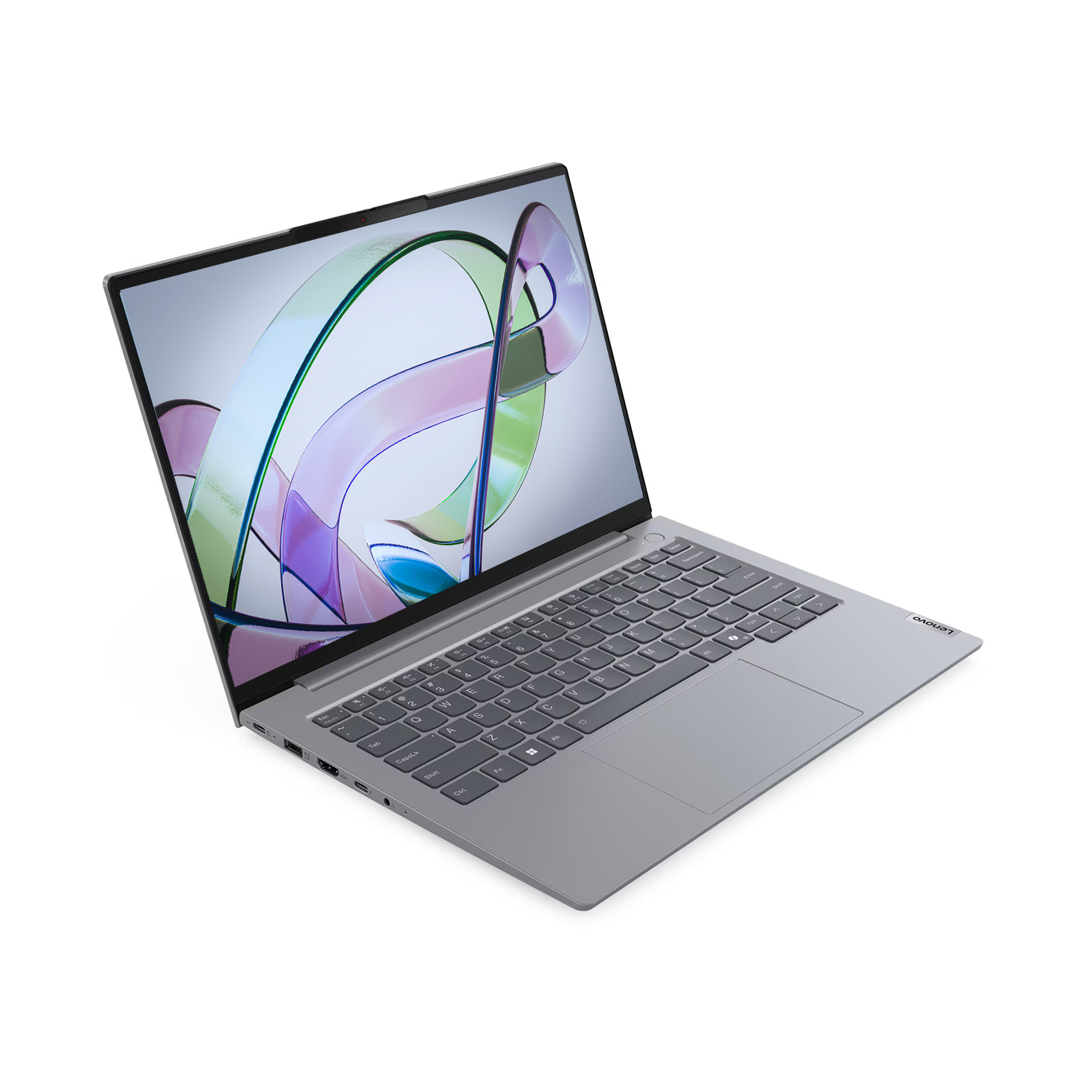 Gri bir Lenovo dizüstü bilgisayar açık, renkli soyut bir görüntü gösteriyor. Klavye görünür ve arka plan beyazdır.