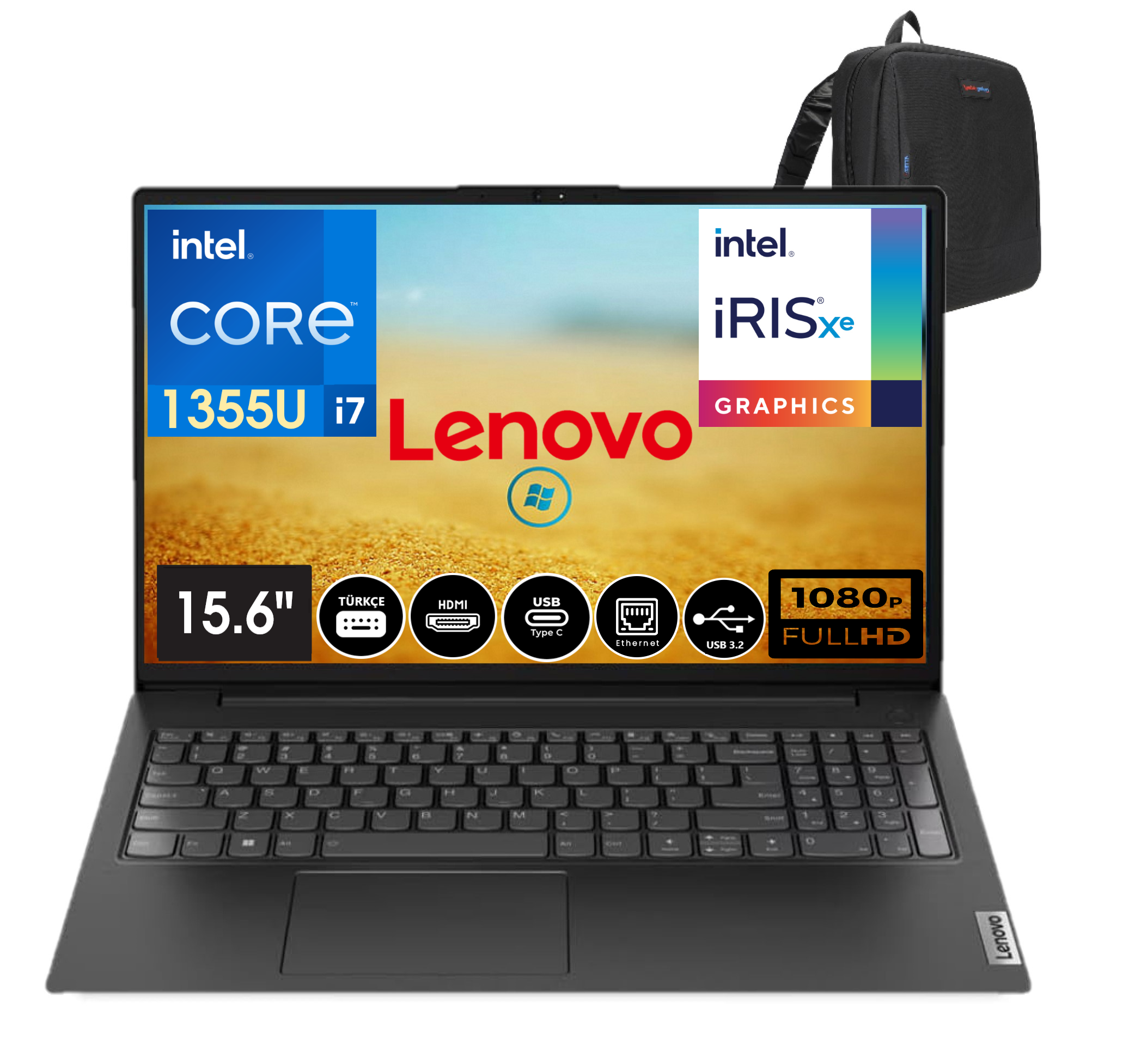 Sırt çantasıyla bir Lenovo dizüstü bilgisayar. Ekran 'intel CORE i7' gösteriyor. 15,6 inç ekran ve bağlantı simgeleri.