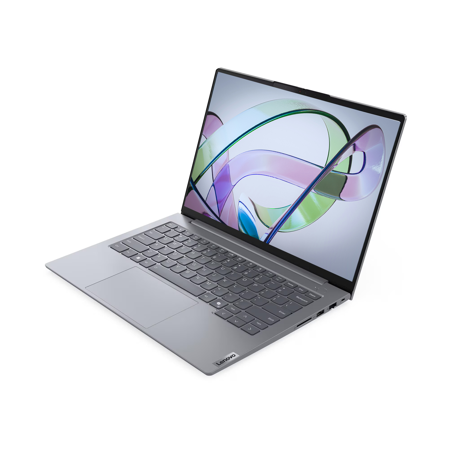 Gri bir Lenovo dizüstü bilgisayar açık, ekranda renkli soyut şekiller gösteriyor, beyaz bir arka plan üzerinde.