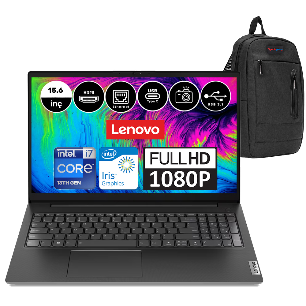 Bir Lenovo dizüstü bilgisayar ve sırt çantası. Dizüstü bilgisayar ekranı özellikleri gösterir. Logolar arasında Intel, Full HD ve çeşitli bağlantı simgeleri bulunur.