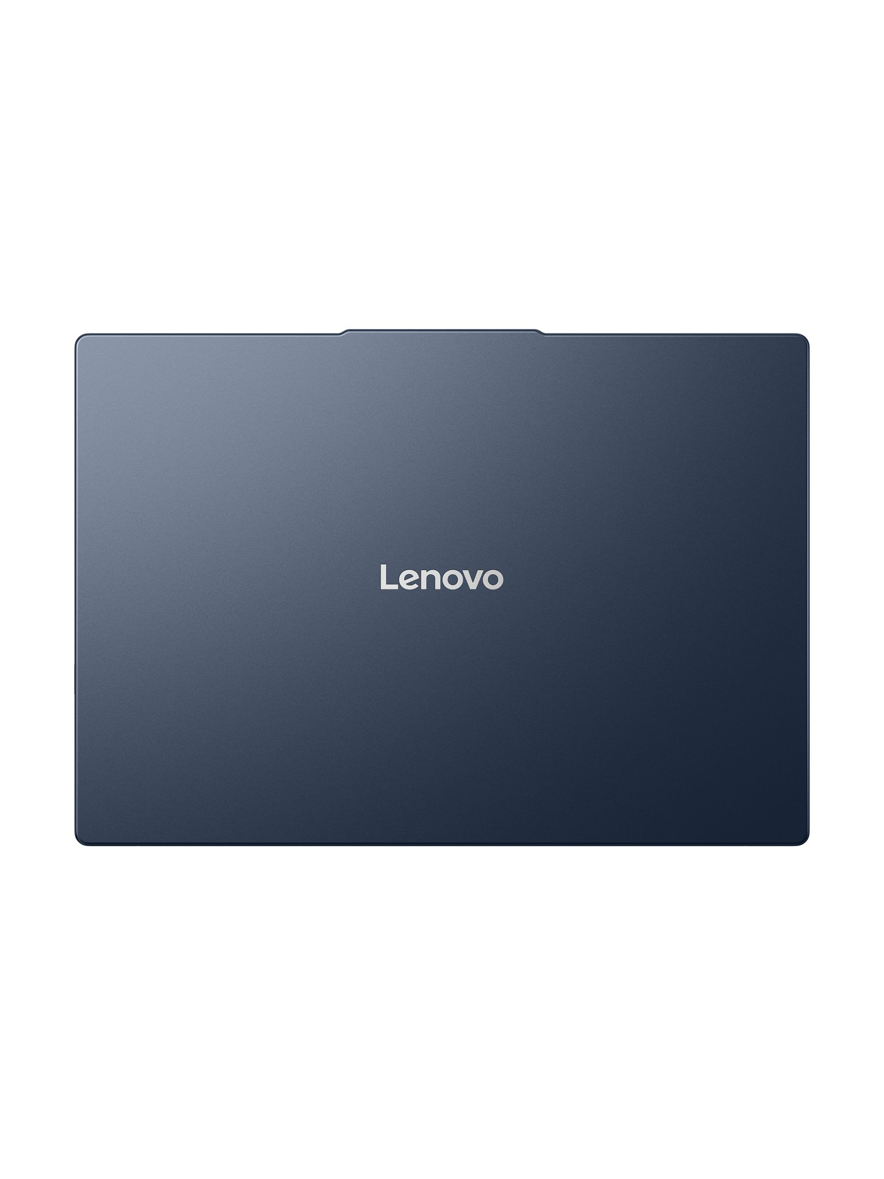 Kapalı, koyu mavi bir Lenovo dizüstü bilgisayar. Lenovo logosu kapakta ortalanmıştır. Arka plan beyazdır.
