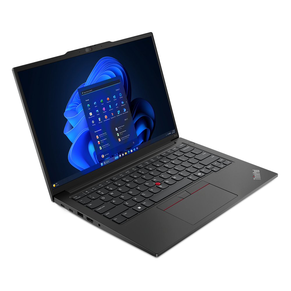 Siyah Lenovo ThinkPad dizüstü bilgisayar, açık. Ekran Windows arayüzünü gösteriyor. Klavye ve dokunmatik yüzey görünür. Beyaz arka plan.