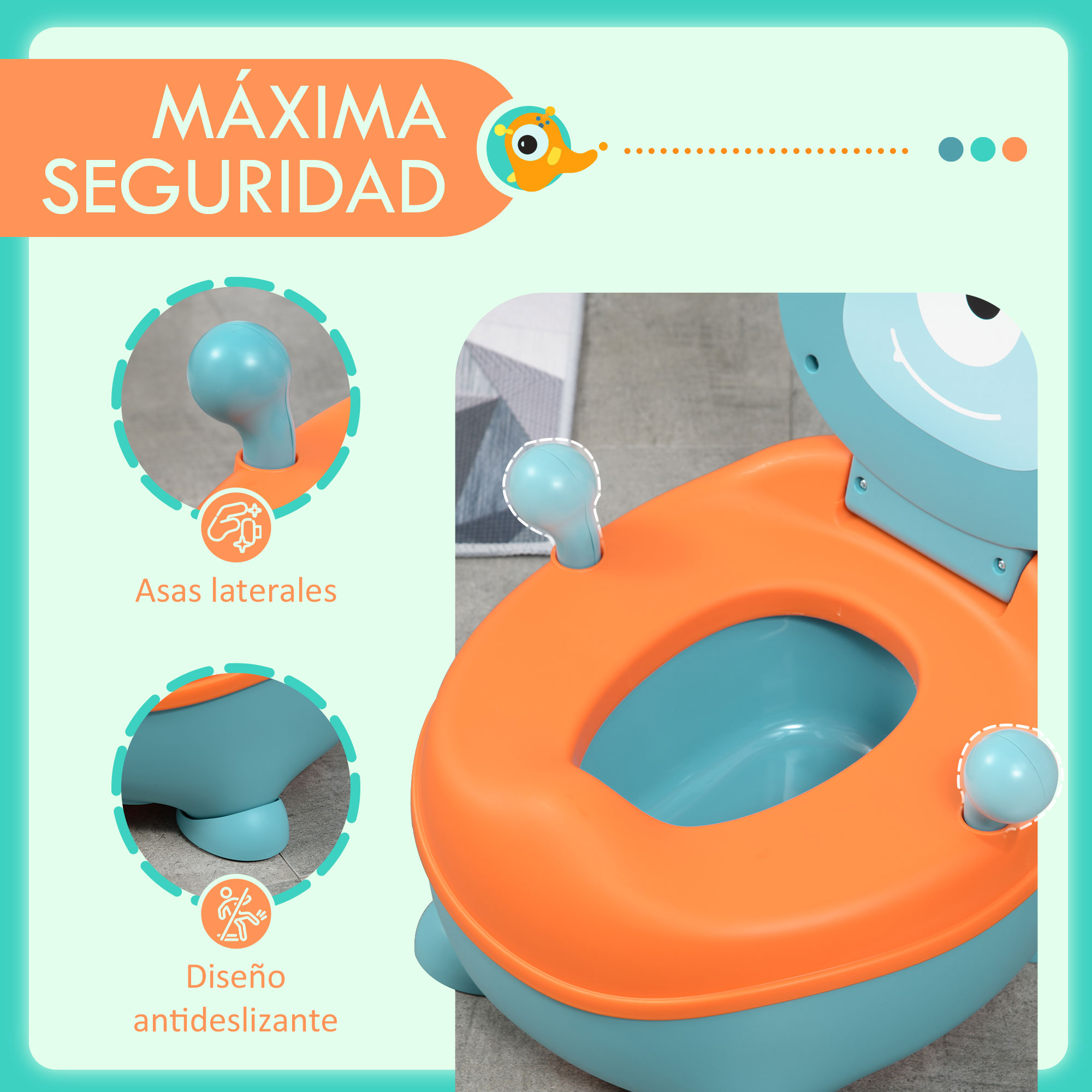Un orinal azul y naranja. Tiene una cara de dibujos animados, asas y un diseño antideslizante.