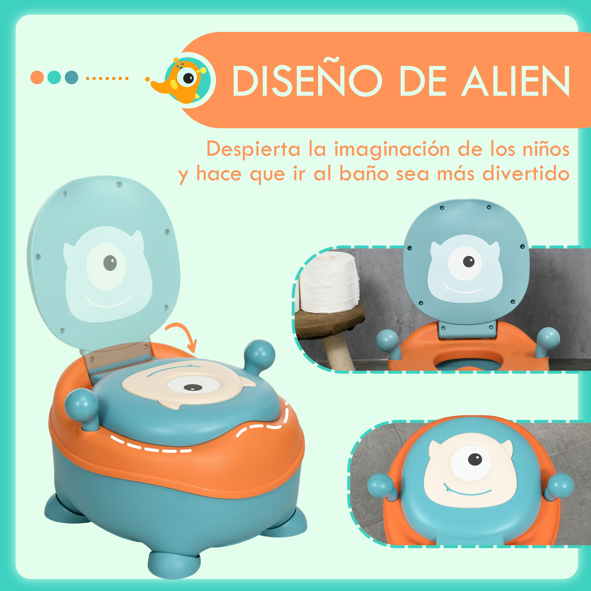 Un orinal con temática alienígena azul y naranja. El diseño incluye una tapa y un asiento de inodoro con cara de monstruo.