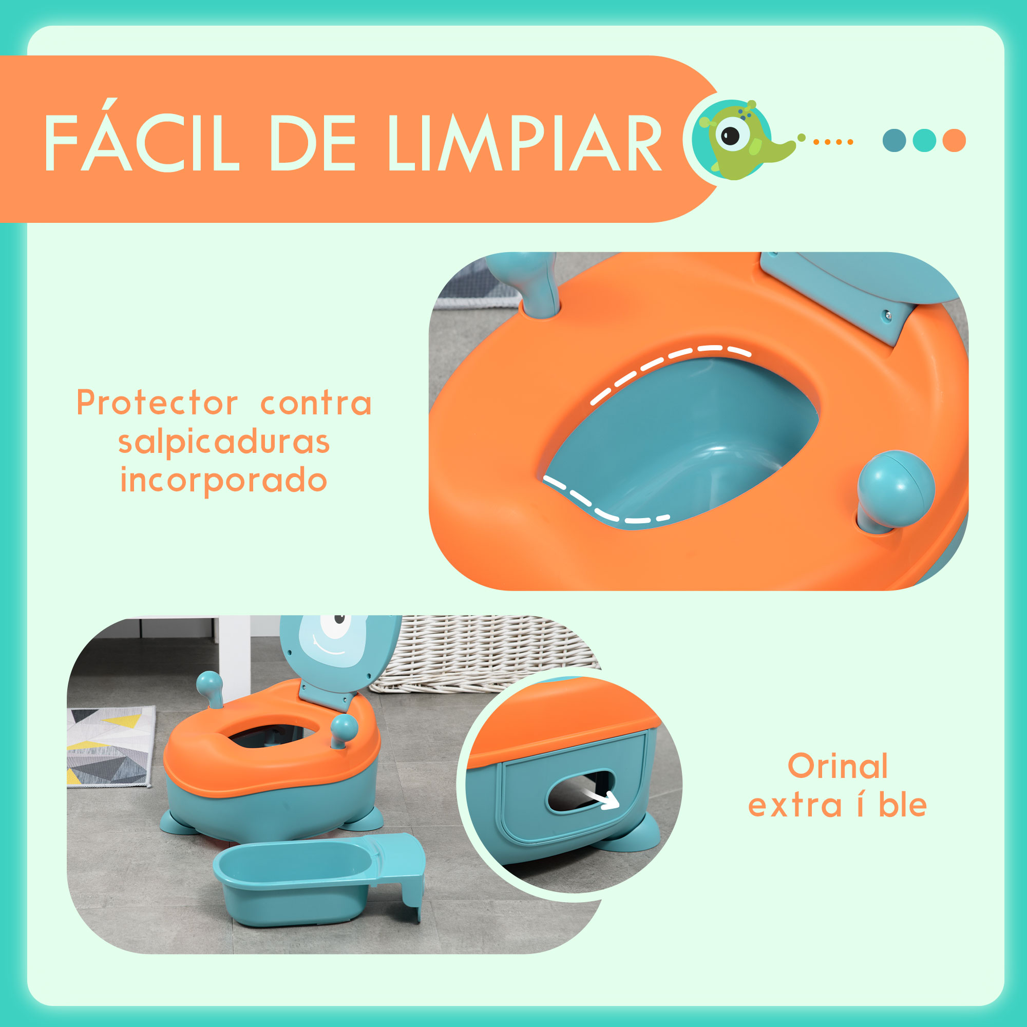 Un orinal de entrenamiento naranja y azul con protector contra salpicaduras y urinario extraíble. Texto en español describe características.
