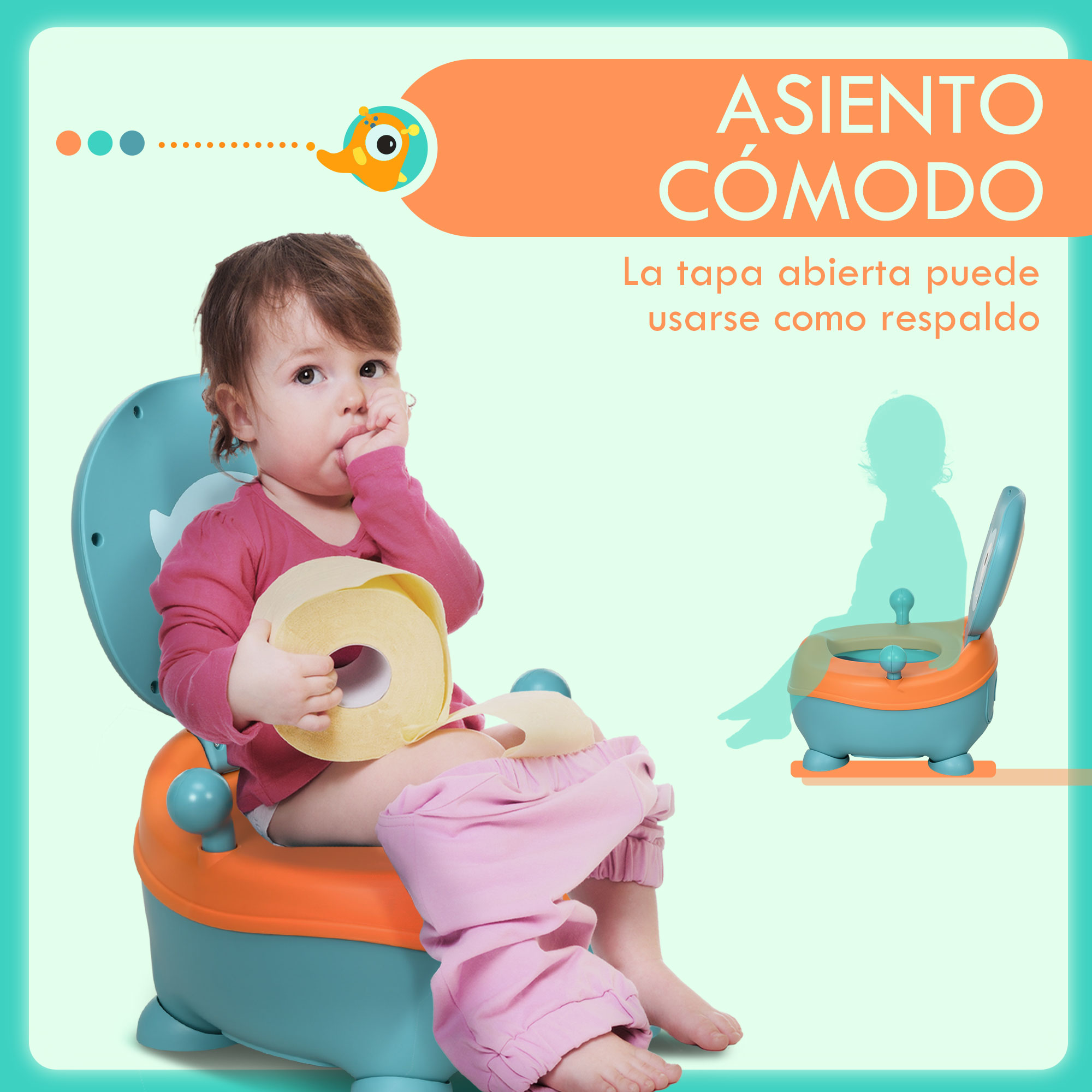 Un bebé está sentado en un orinal azul y naranja, sosteniendo papel higiénico. El fondo tiene un contorno de una persona en un orinal.